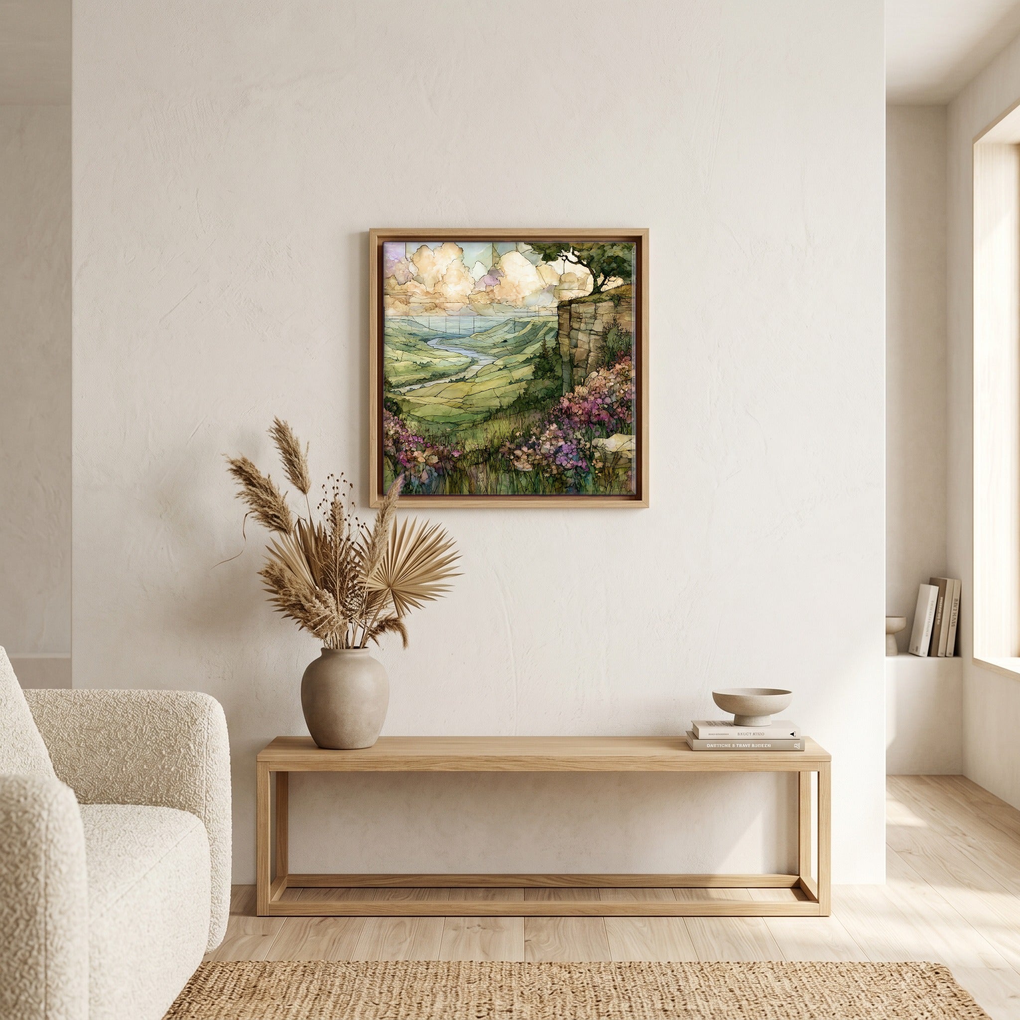 In the living room, above the sofa.