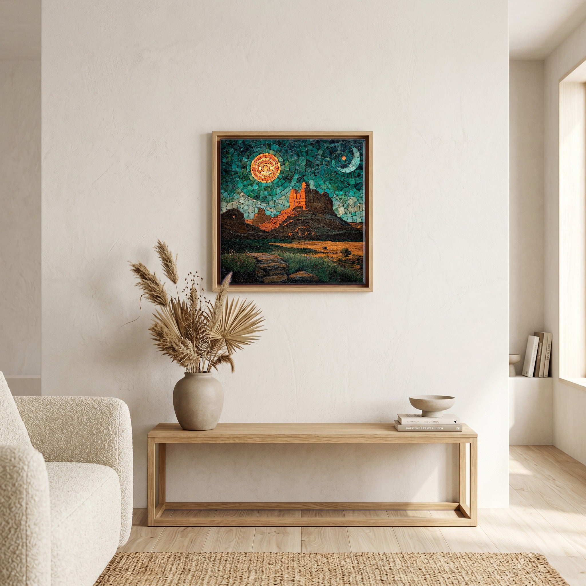 In the living room, above the sofa.