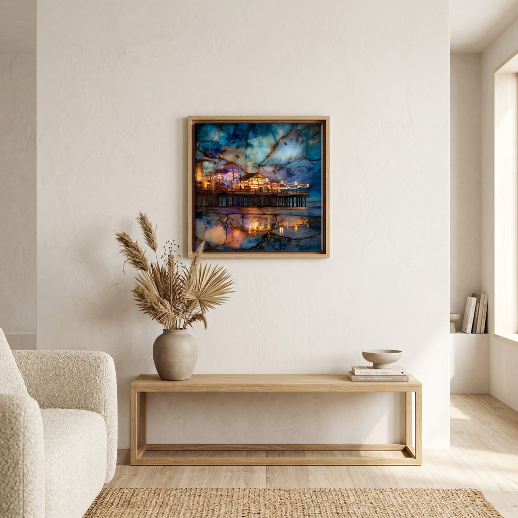 In the living room, above the sofa.
