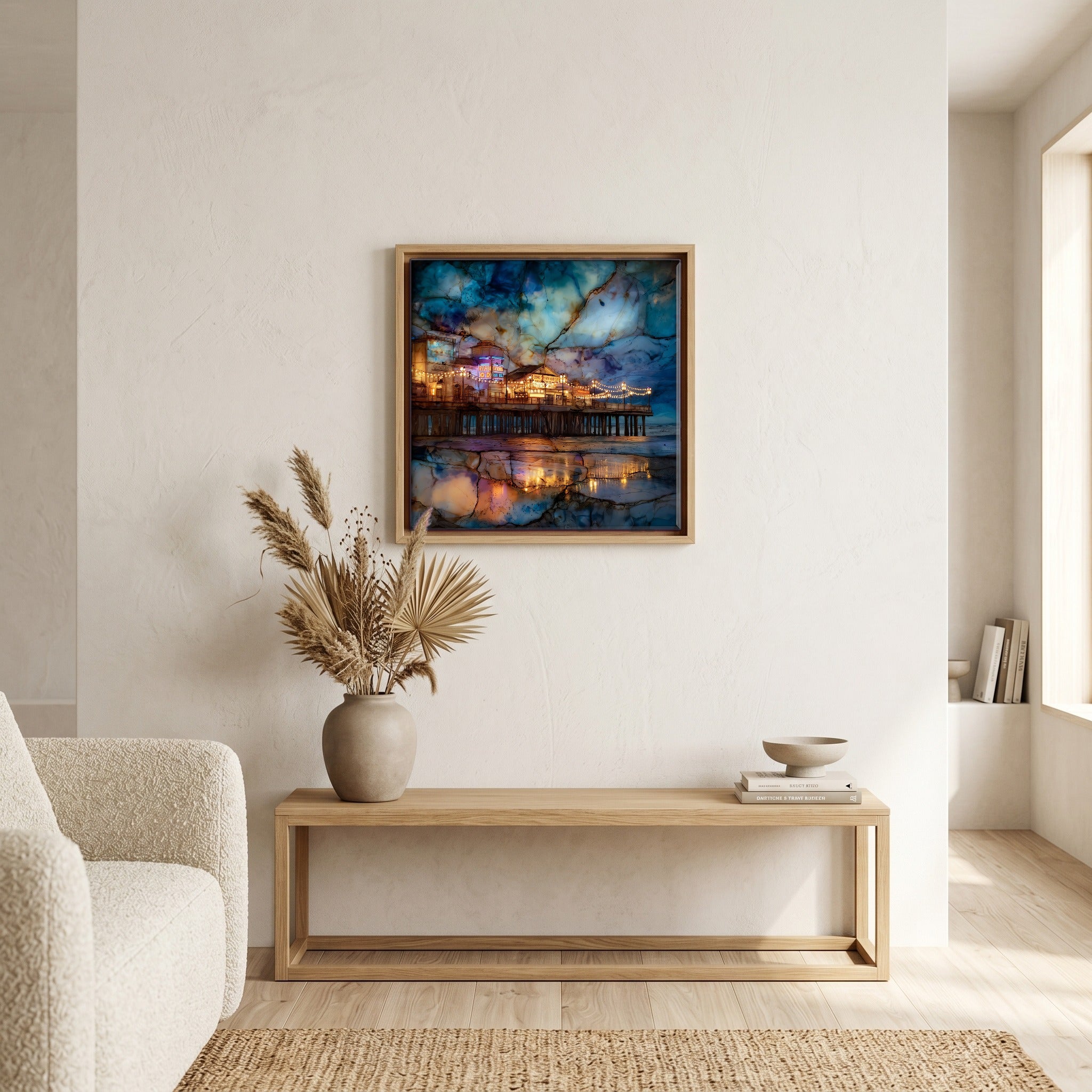 In the living room, above the sofa.