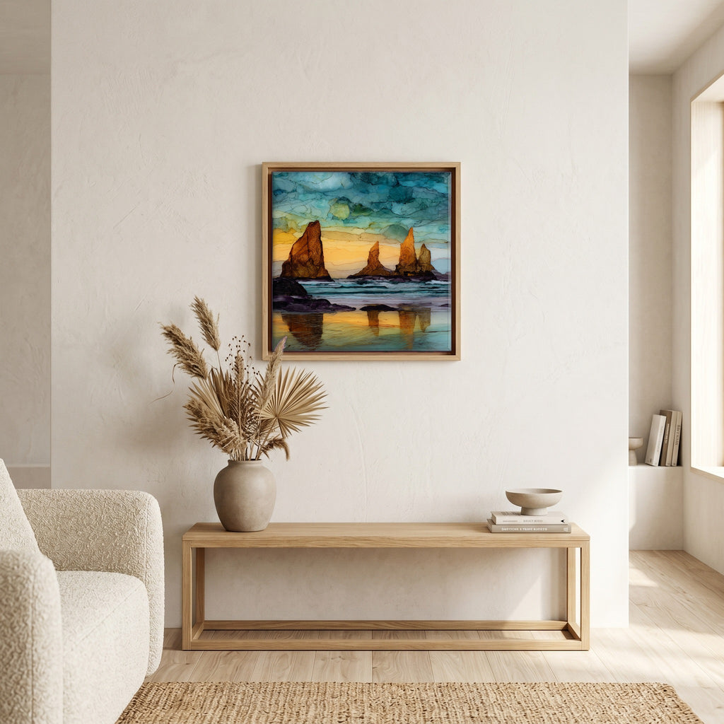 In the living room, above the sofa.