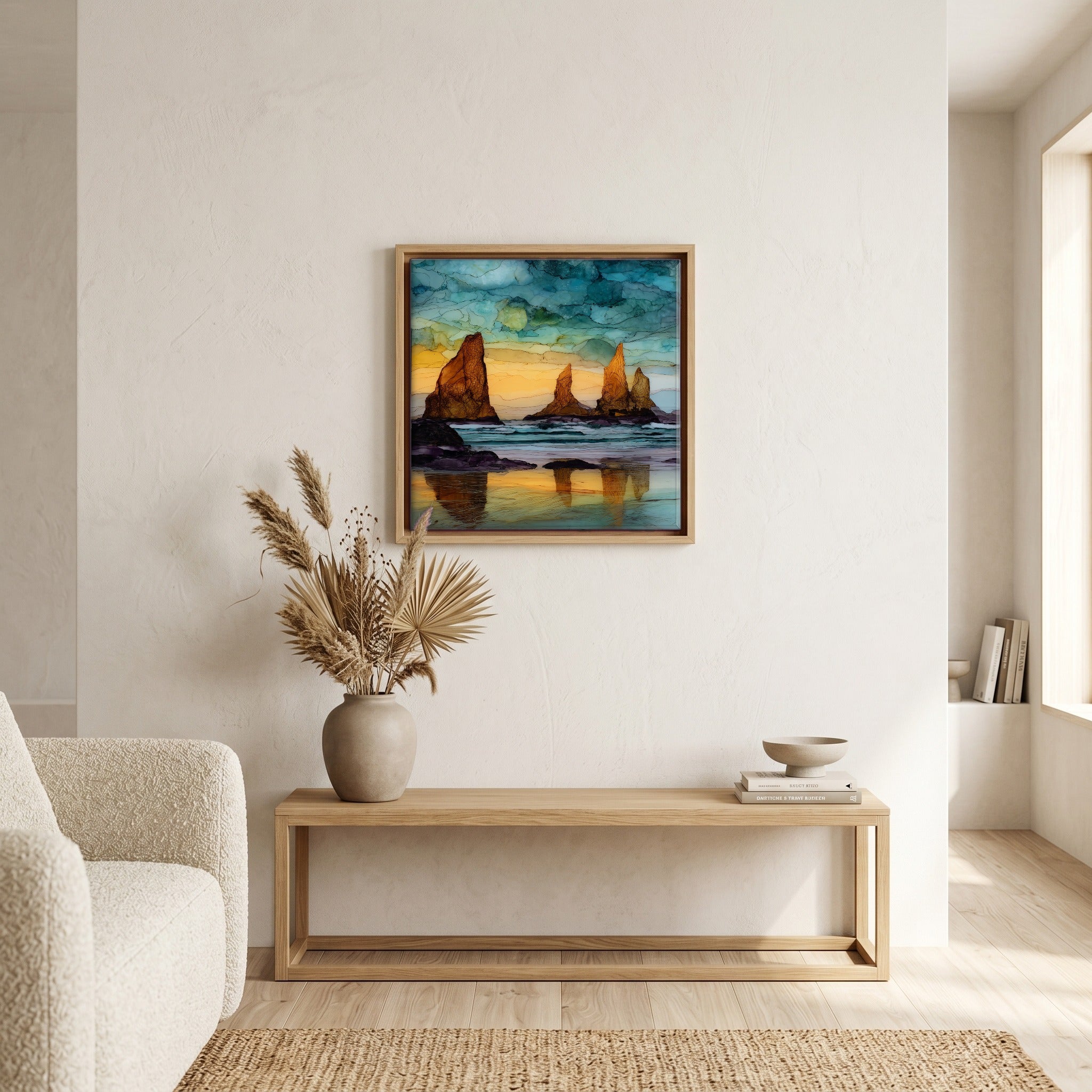 In the living room, above the sofa.