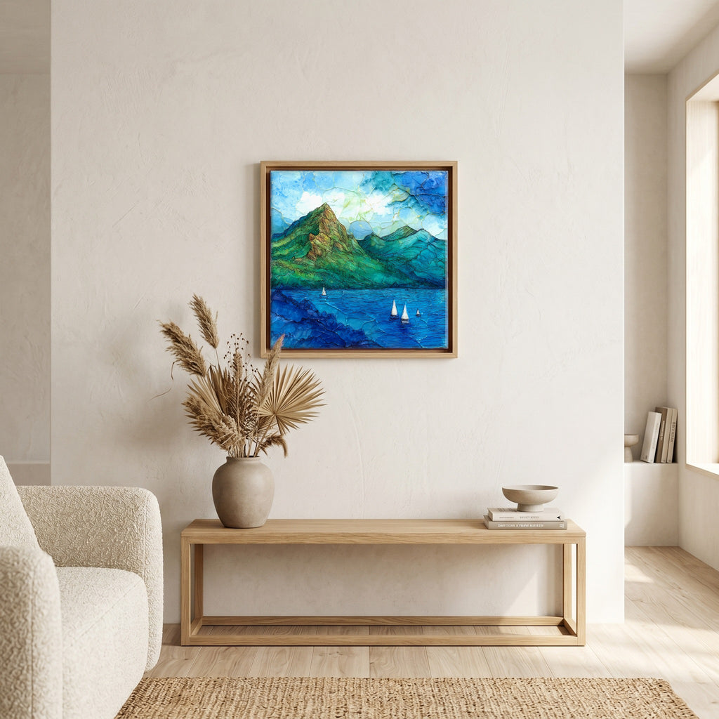 In the living room, above the sofa.