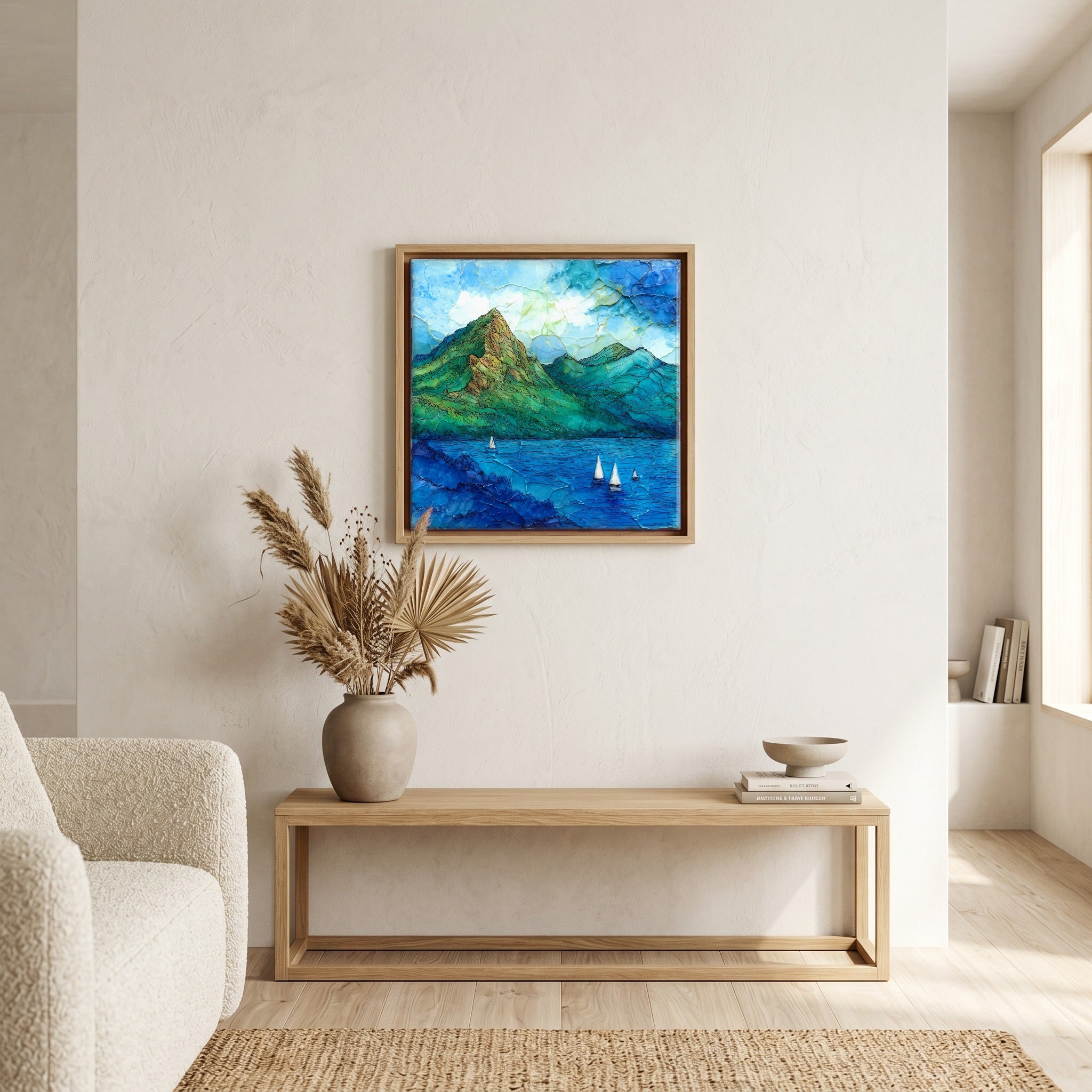 In the living room, above the sofa.