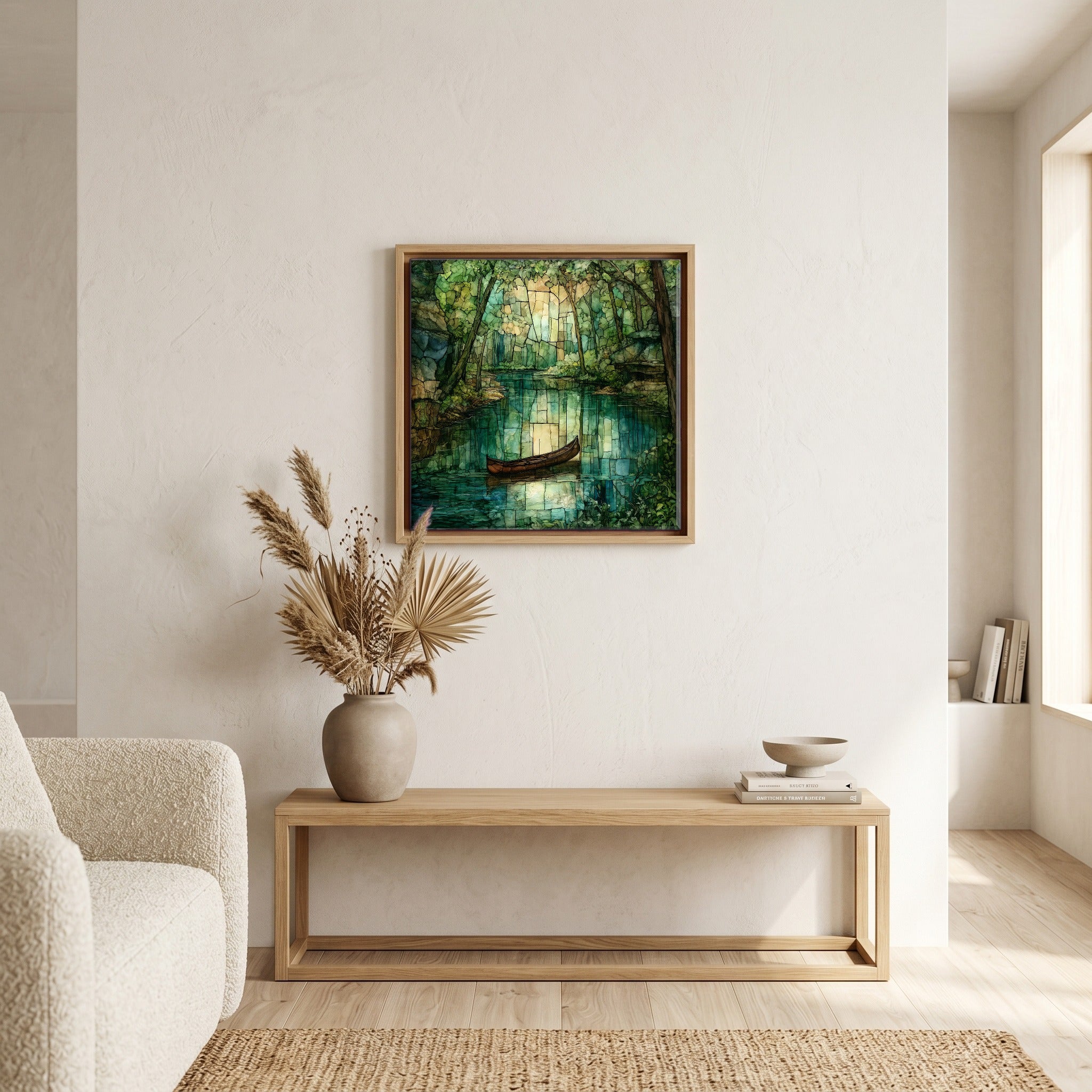 In the living room, above the sofa.