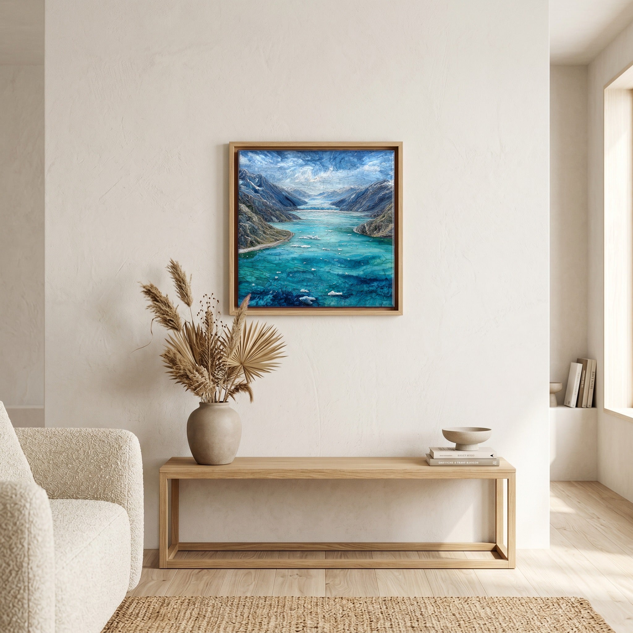 In the living room, above the sofa.