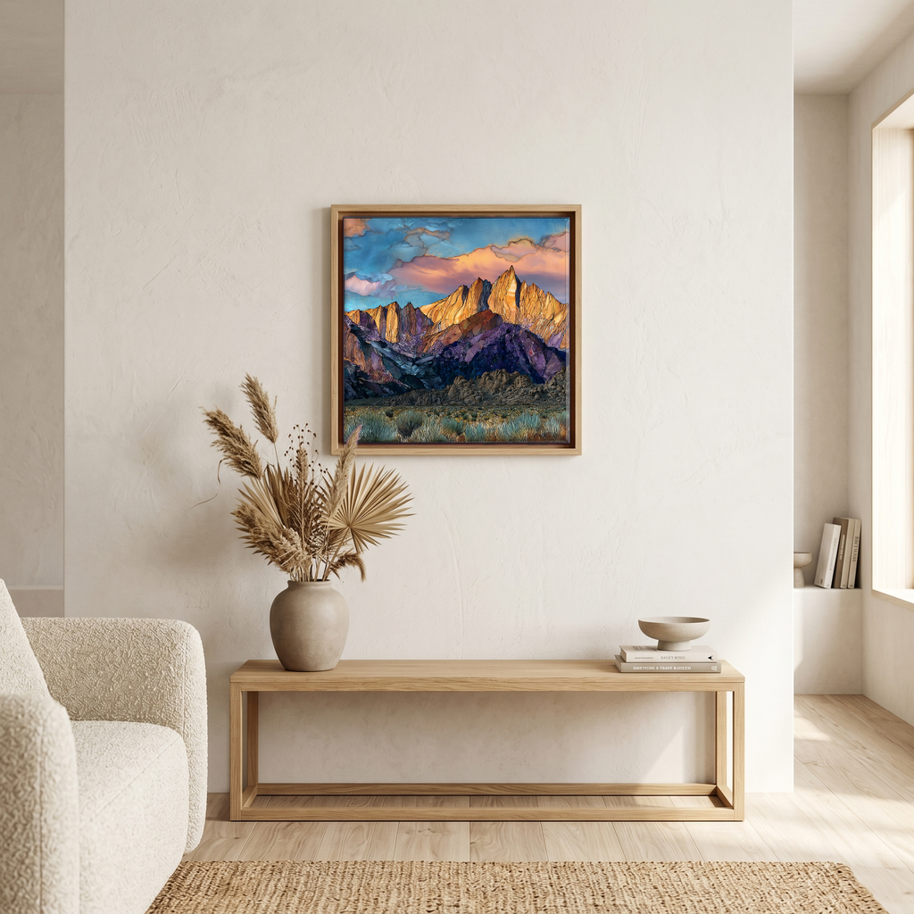 Above the bench, in a warm oak surround.