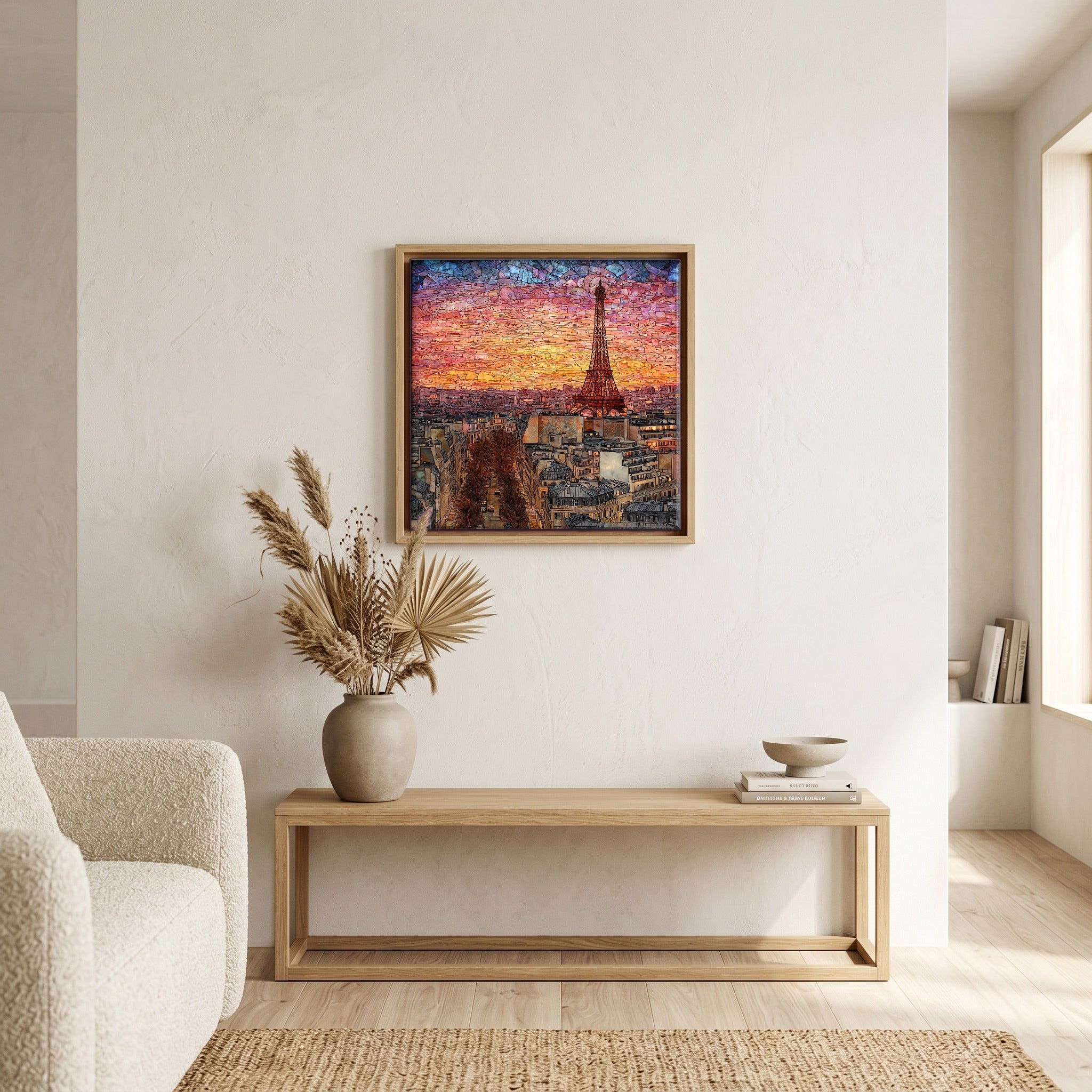 Above the bench, in a warm oak surround.