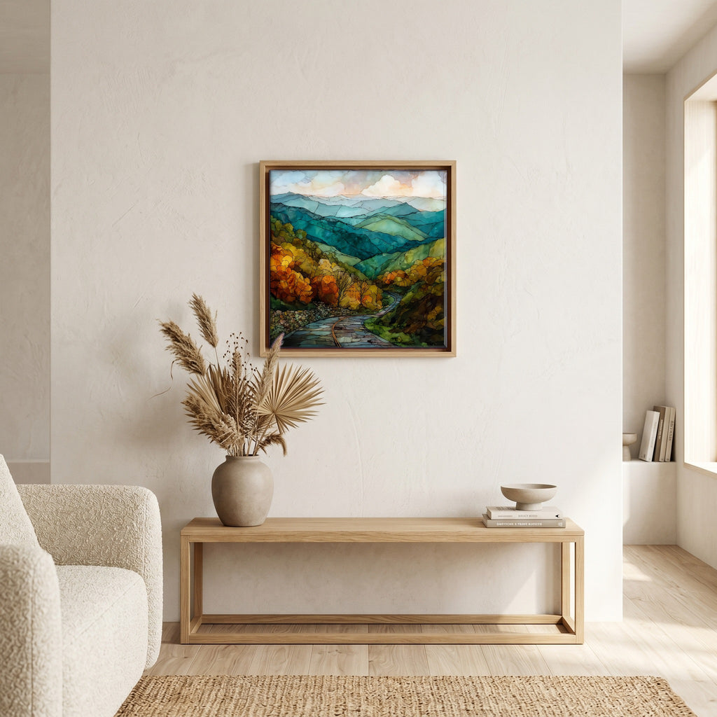 In the living room, above the sofa.