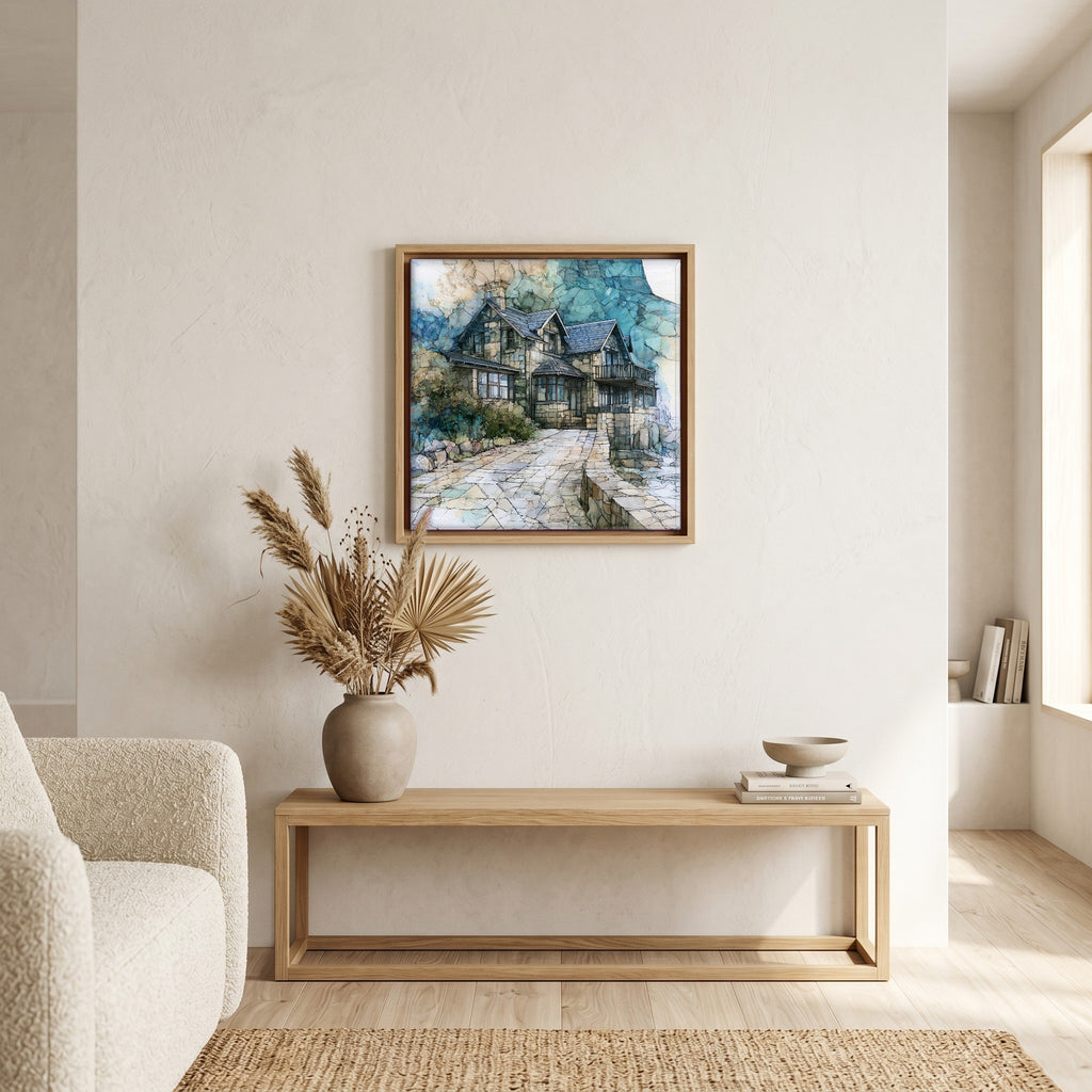 In the living room, above the sofa.