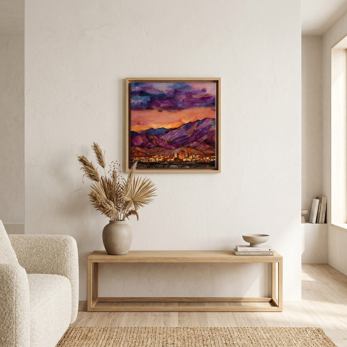 In the living room, above the sofa.