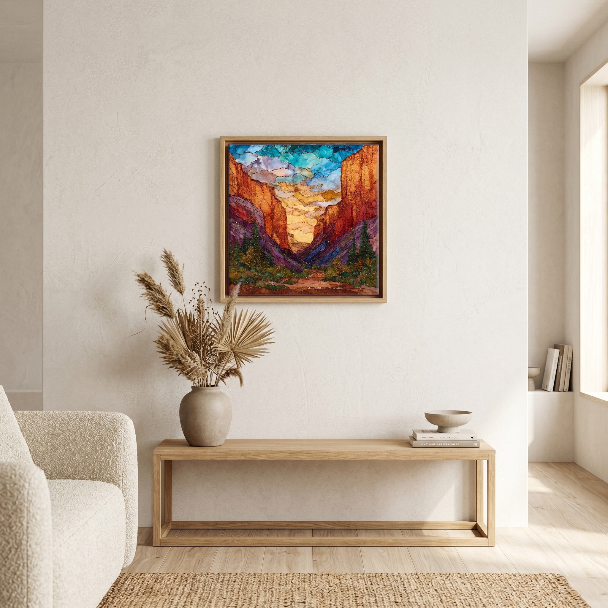 In the living room, above the sofa.