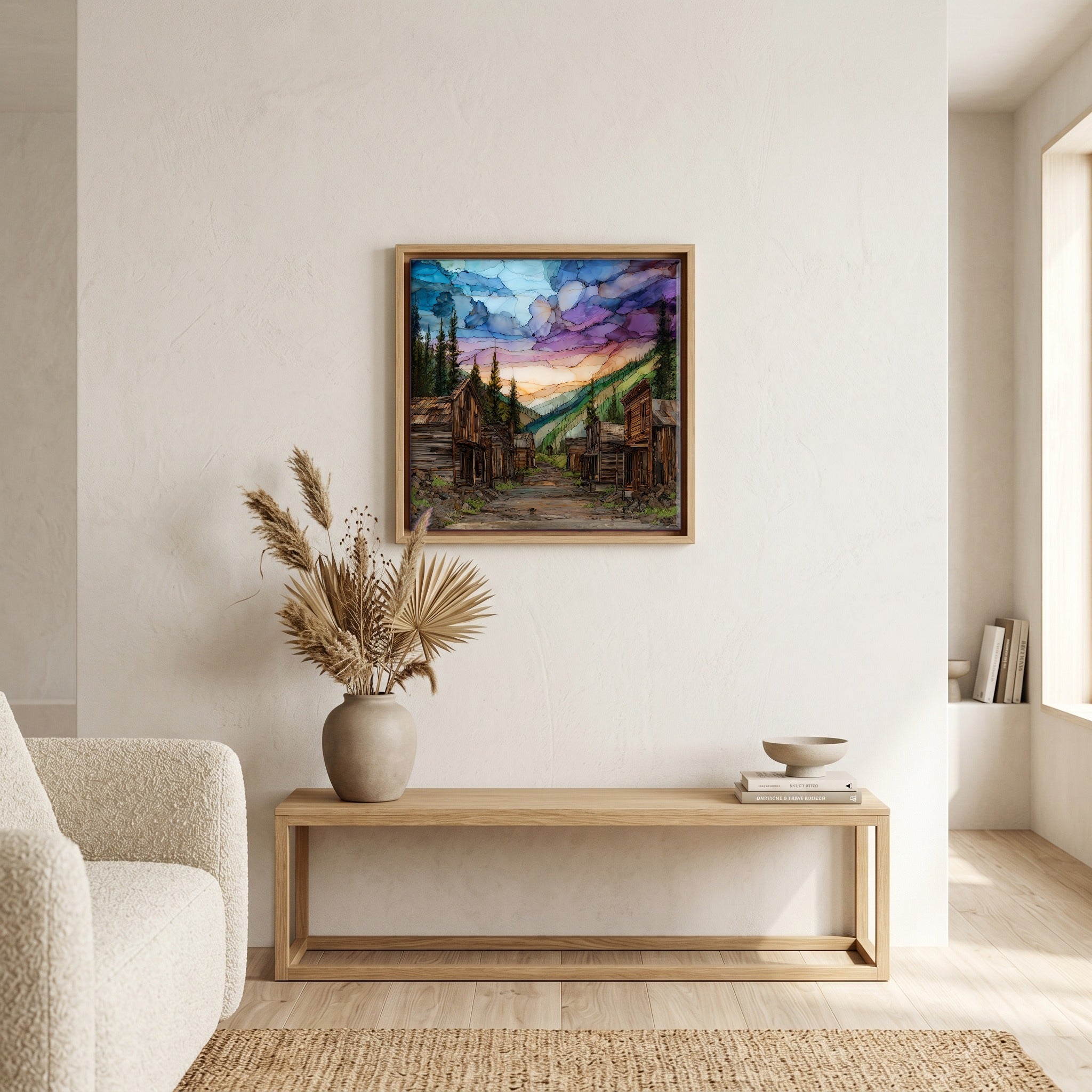 In the living room, above the sofa.