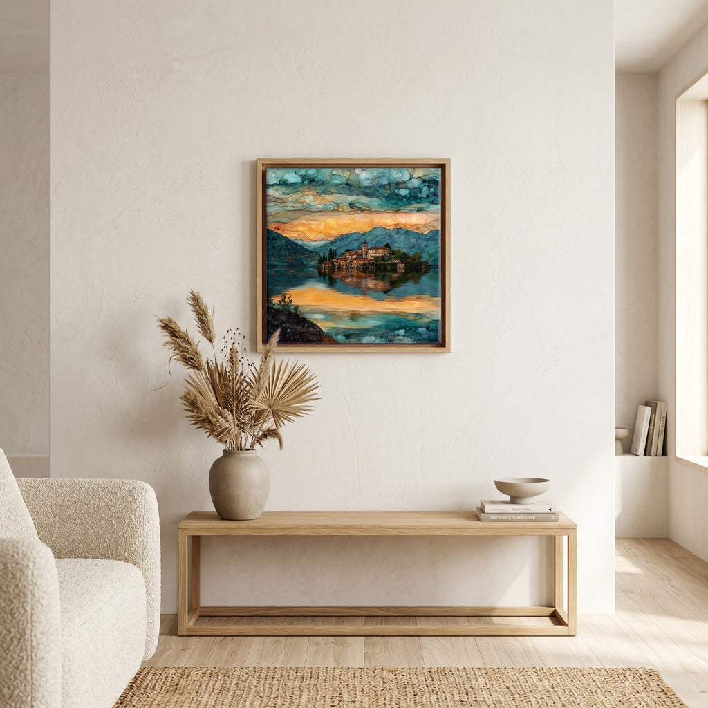Above the bench, in a warm oak surround.