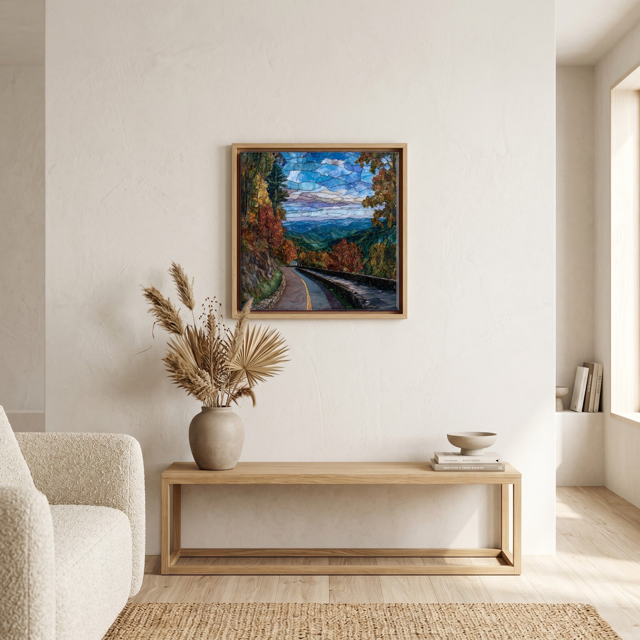 In the living room, above the sofa.