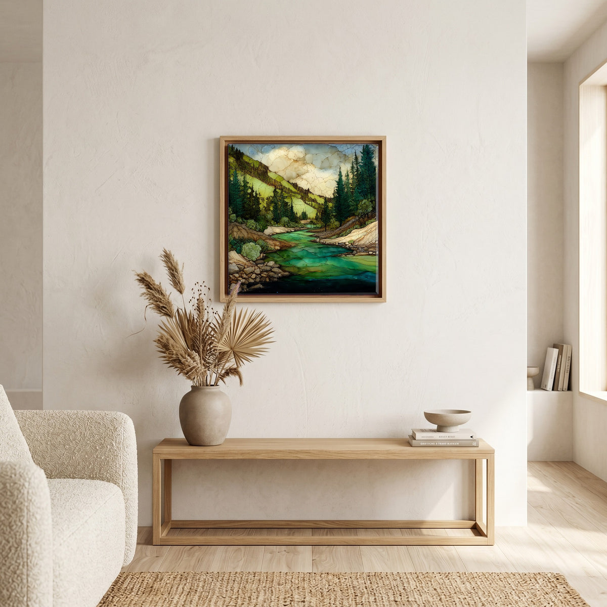 In the living room, above the sofa.