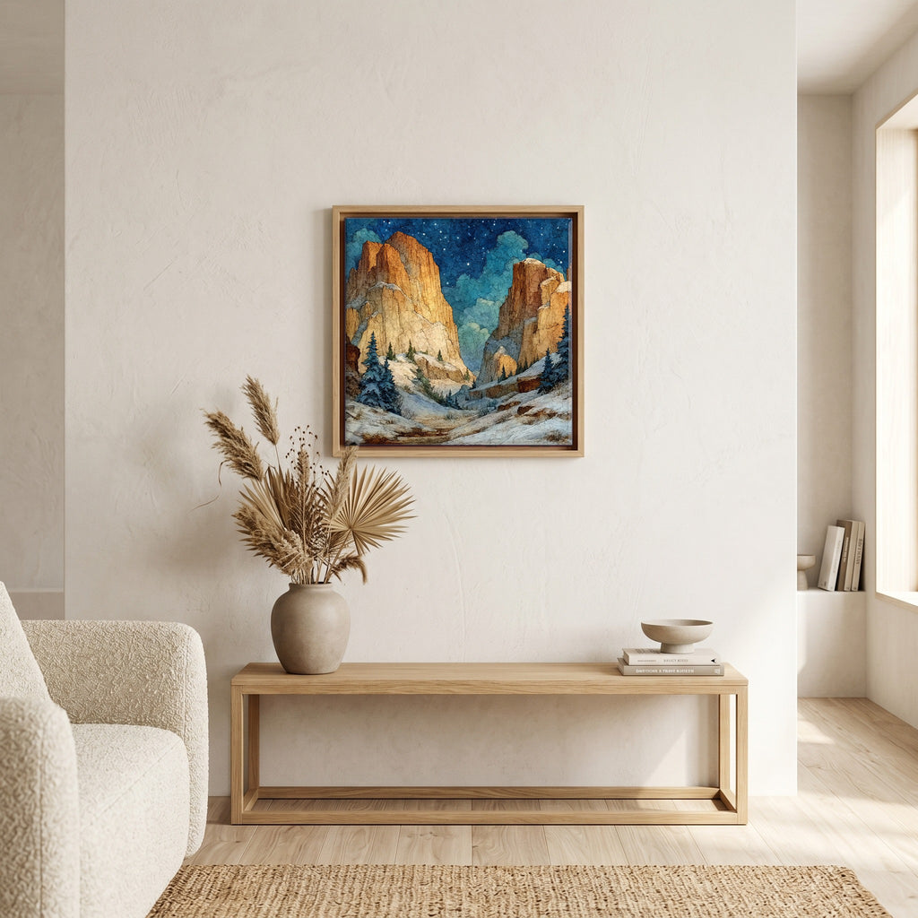 In the living room, above the sofa.