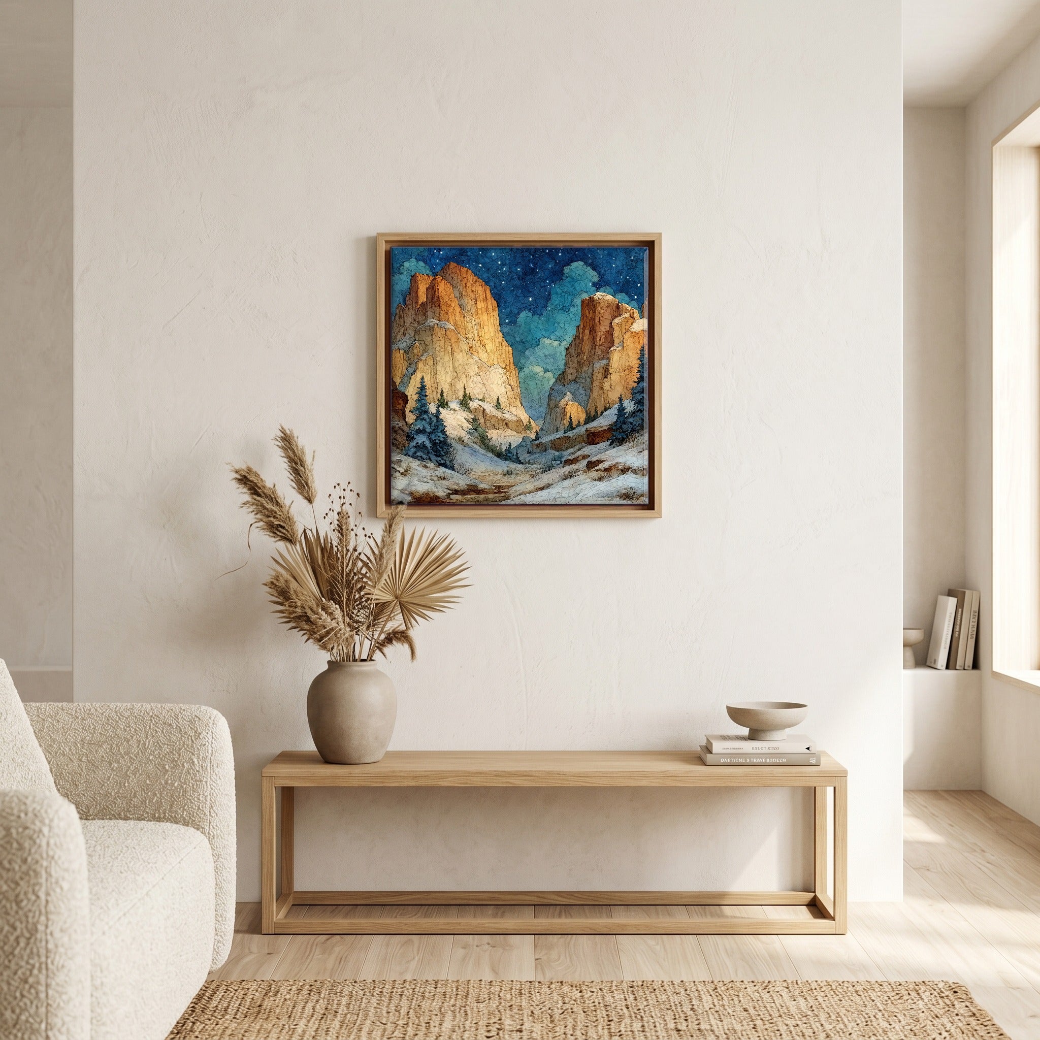 In the living room, above the sofa.