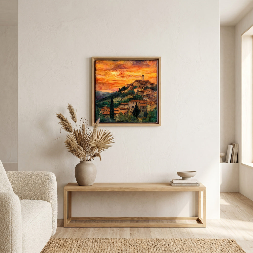 Above the bench, in a warm oak surround.