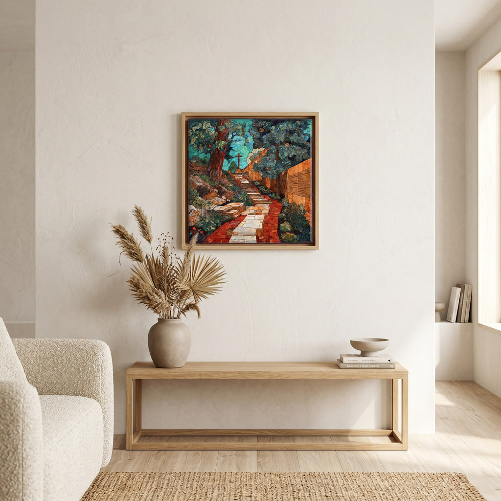 In the living room, above the sofa.