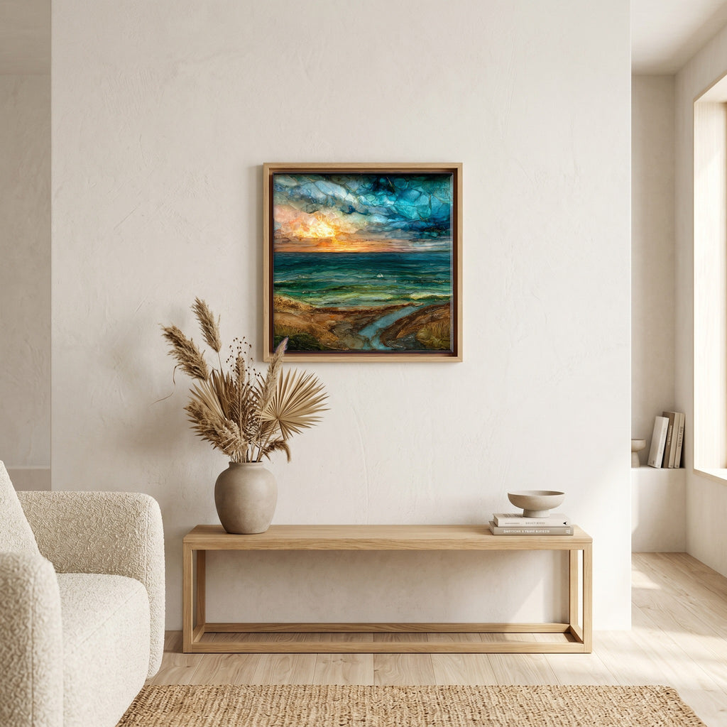 Above the bench, in a warm oak surround.