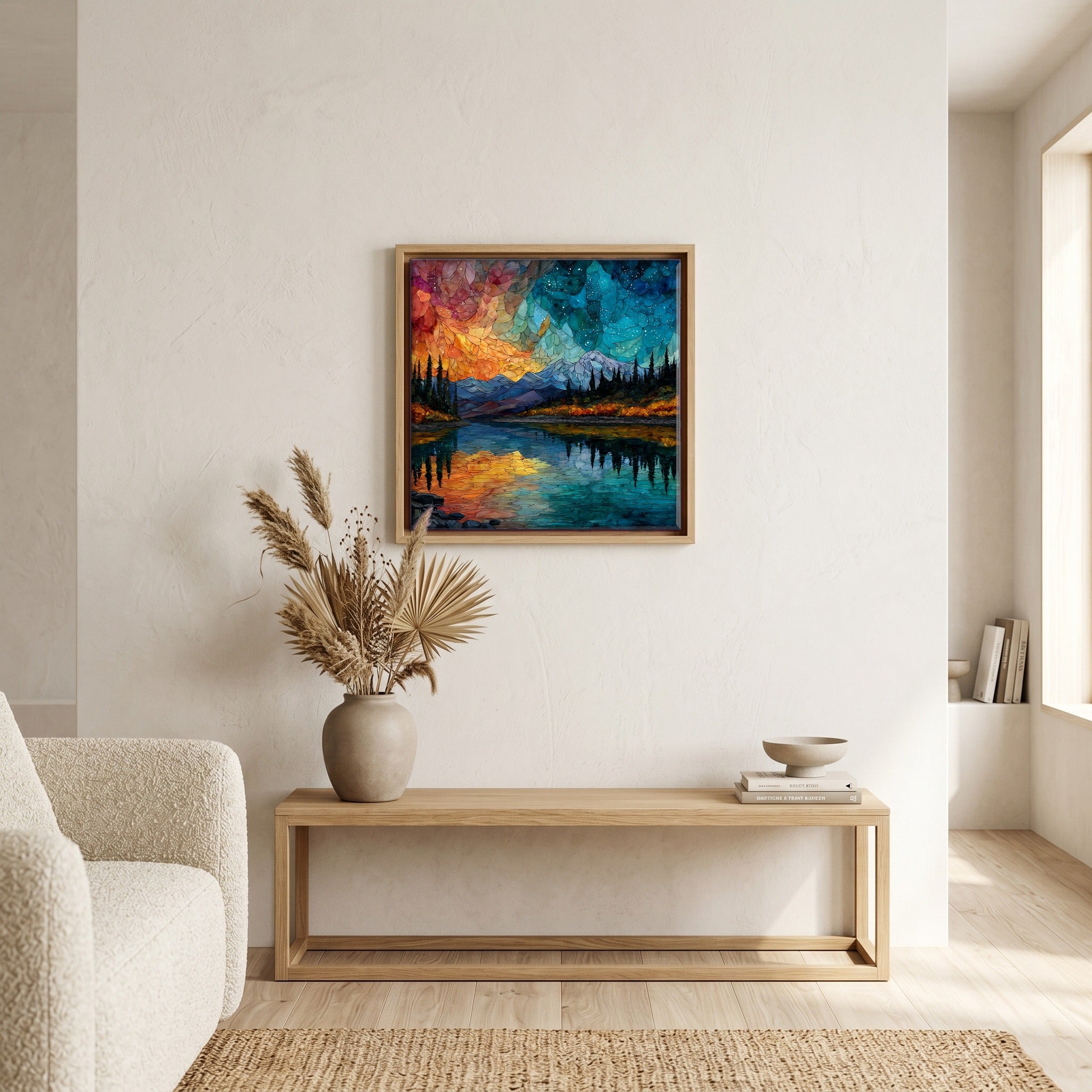 In the living room, above the sofa.
