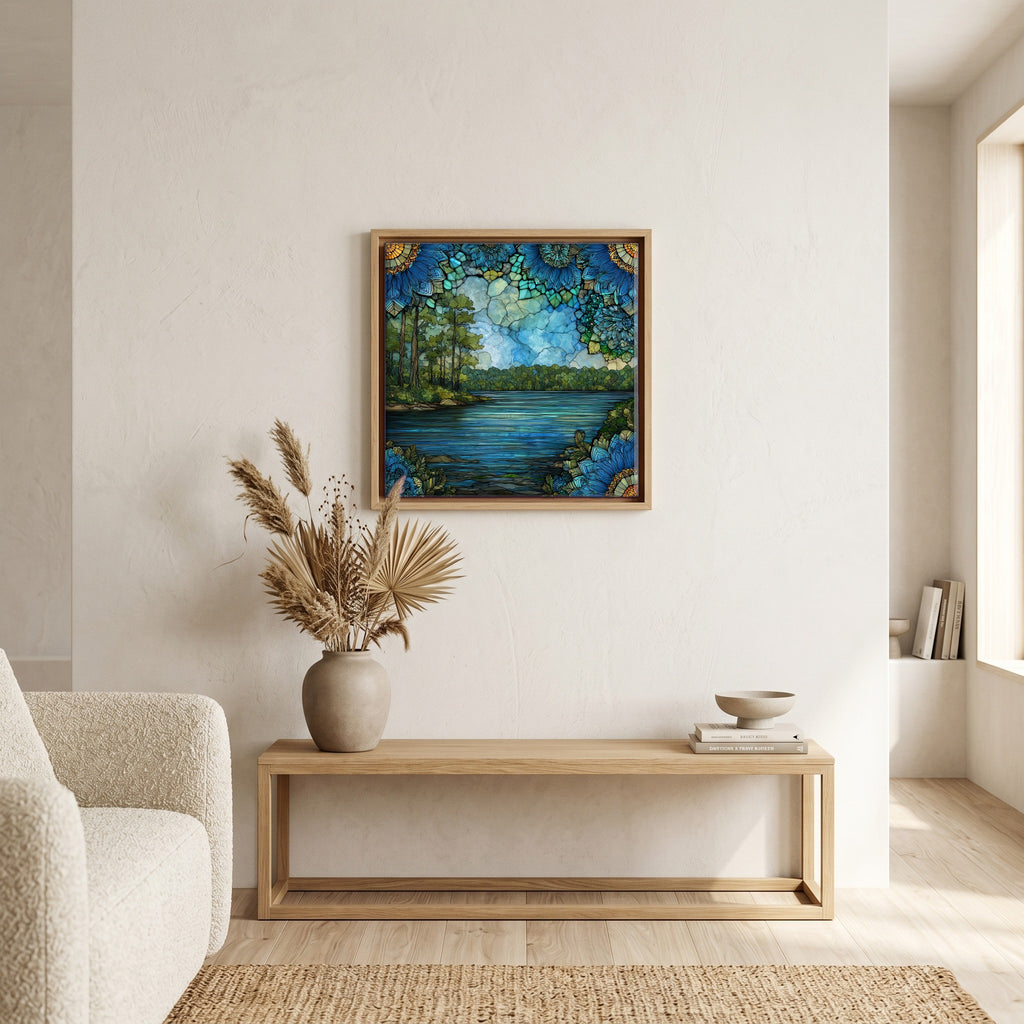 In the living room, above the sofa.
