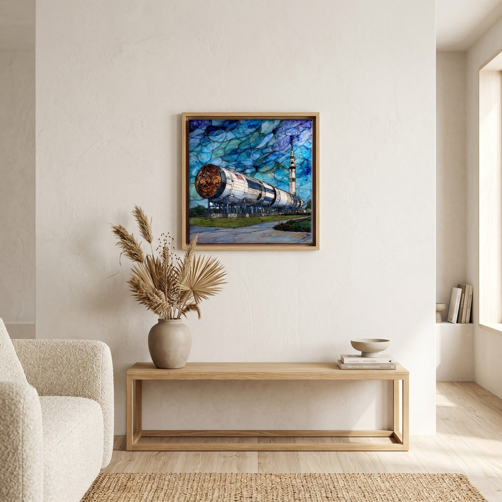 In the living room, above the sofa.