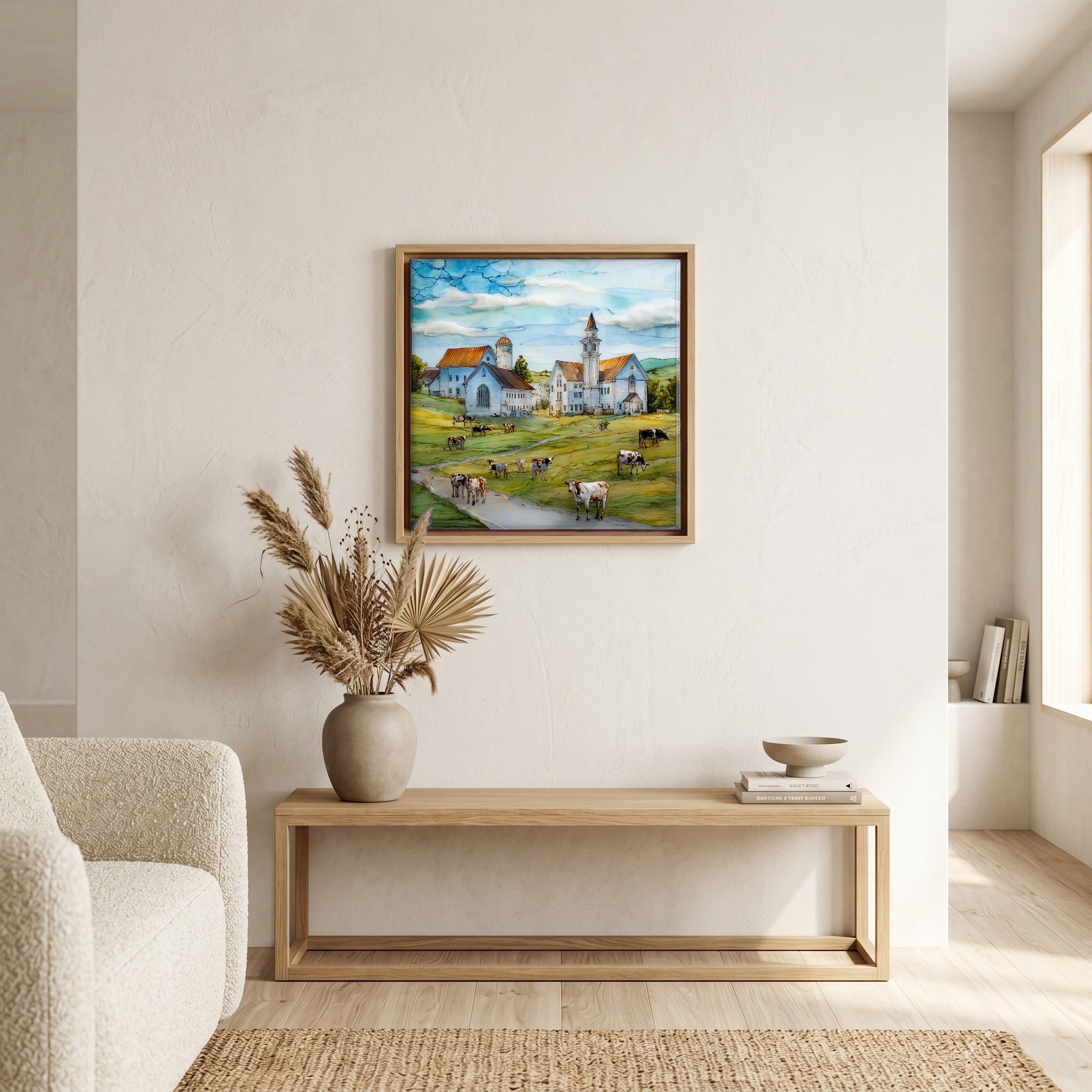 In the living room, above the sofa.