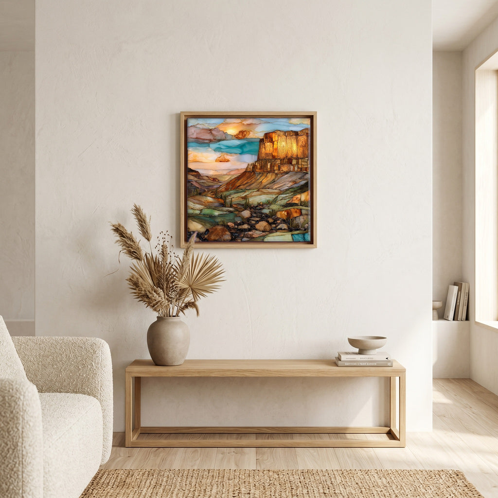 In the living room, above the sofa.