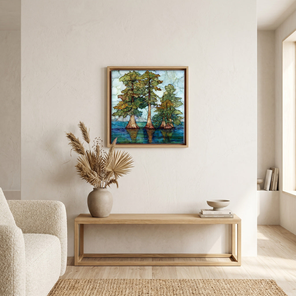 In the living room, above the sofa.