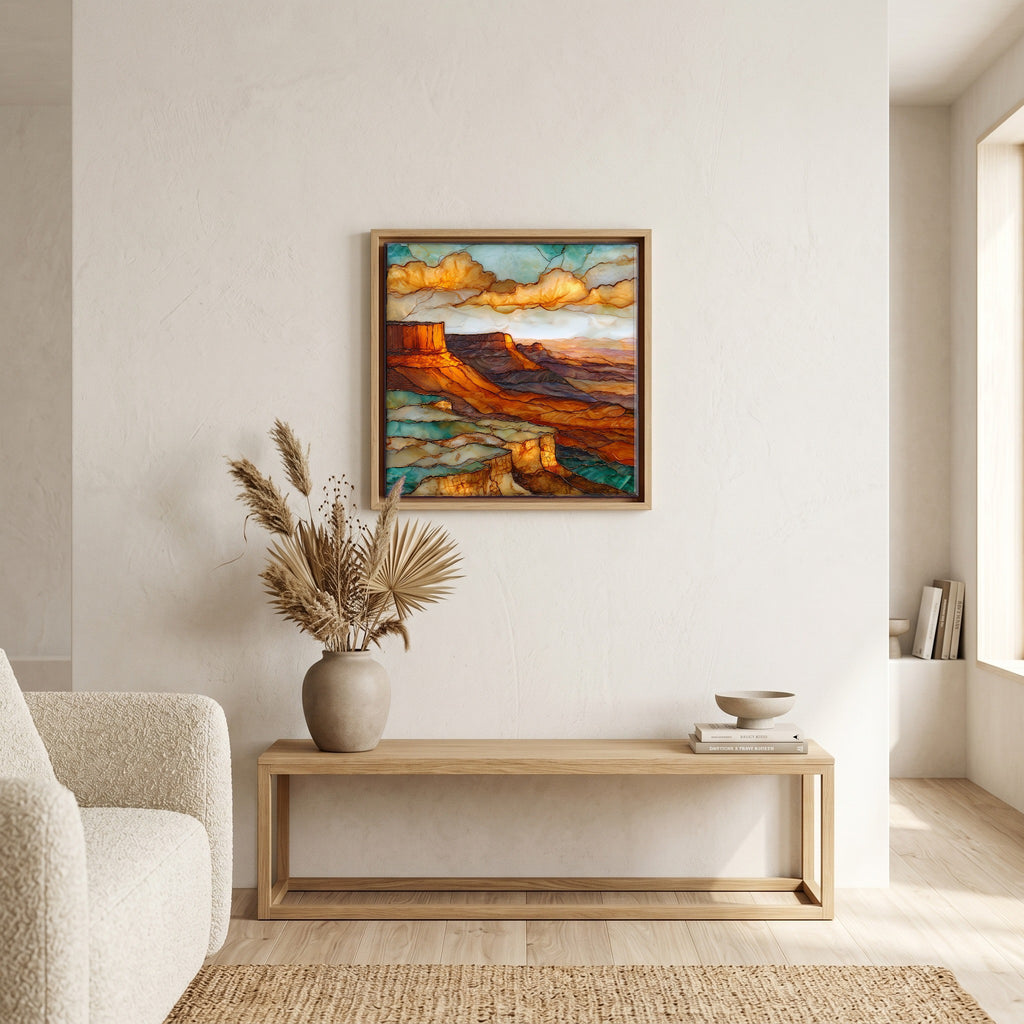 In the living room, above the sofa.