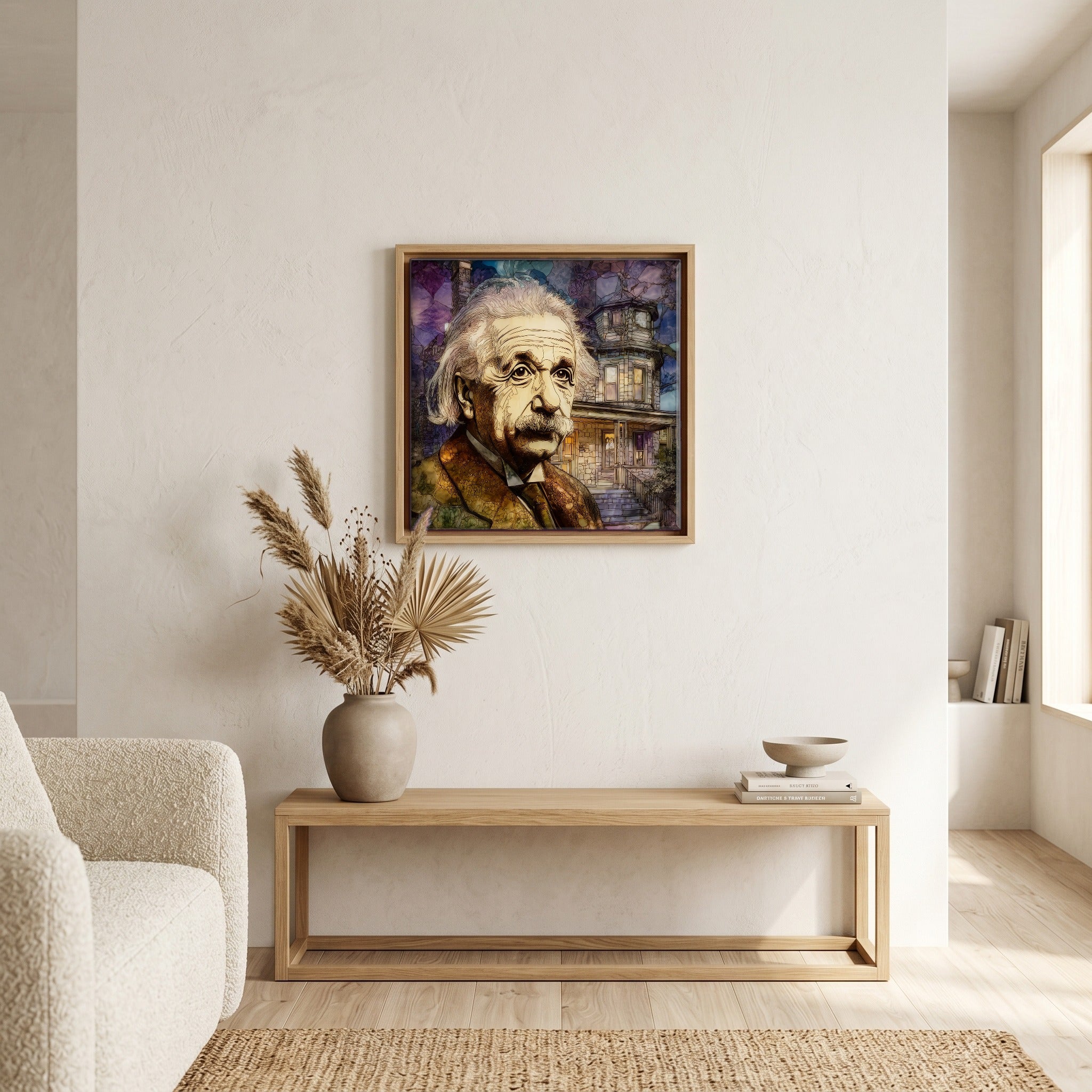 In the living room, above the sofa.