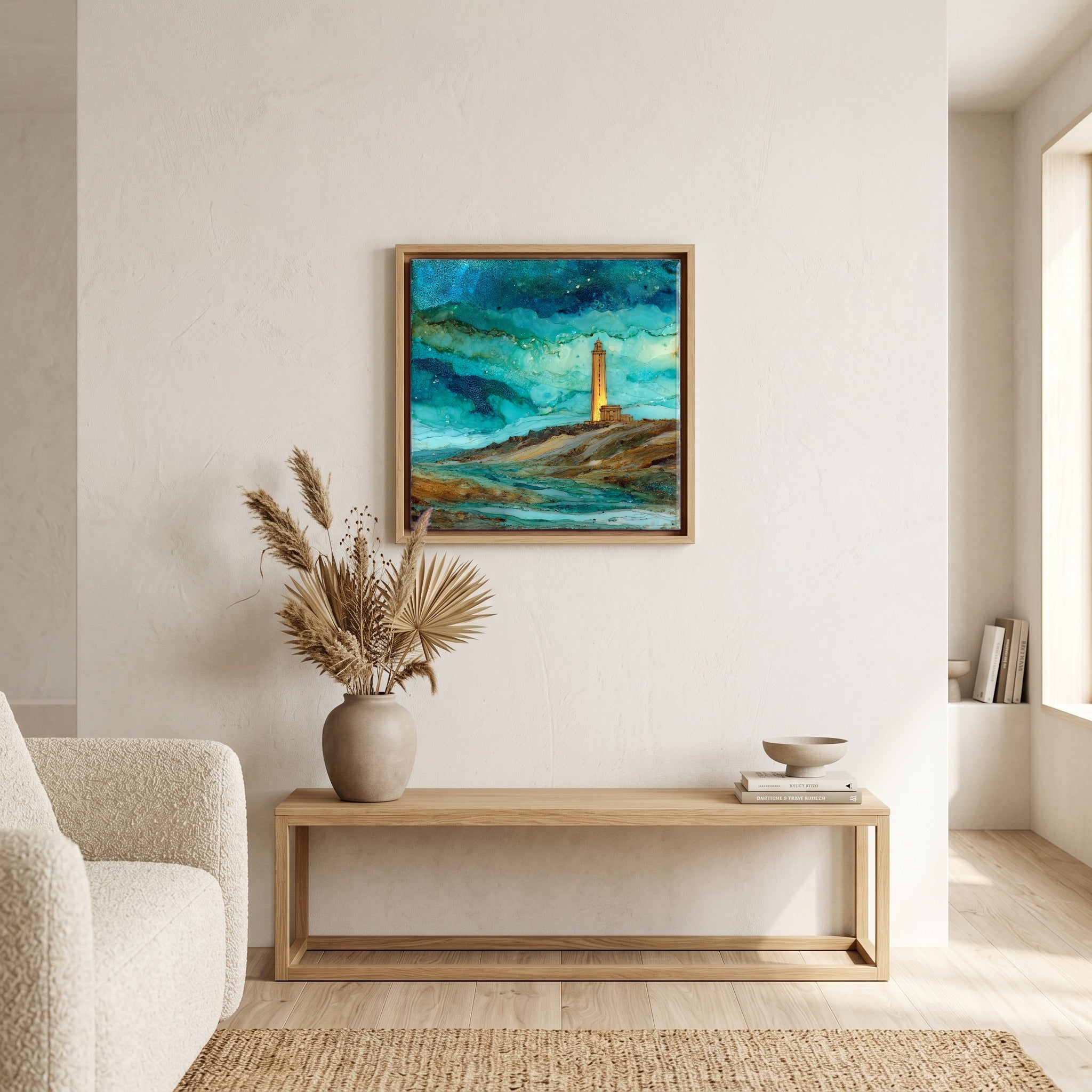 In the living room, above the sofa.