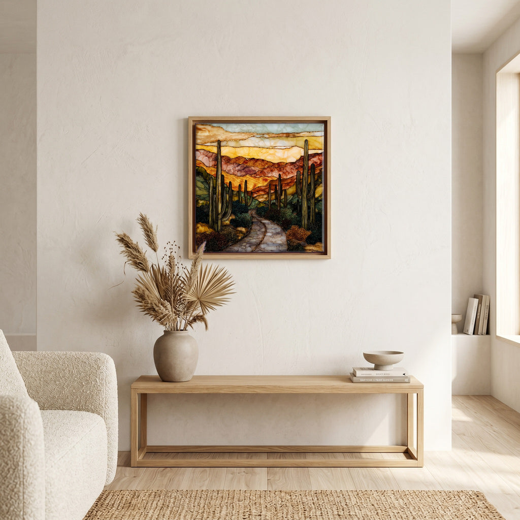In the living room, above the sofa.