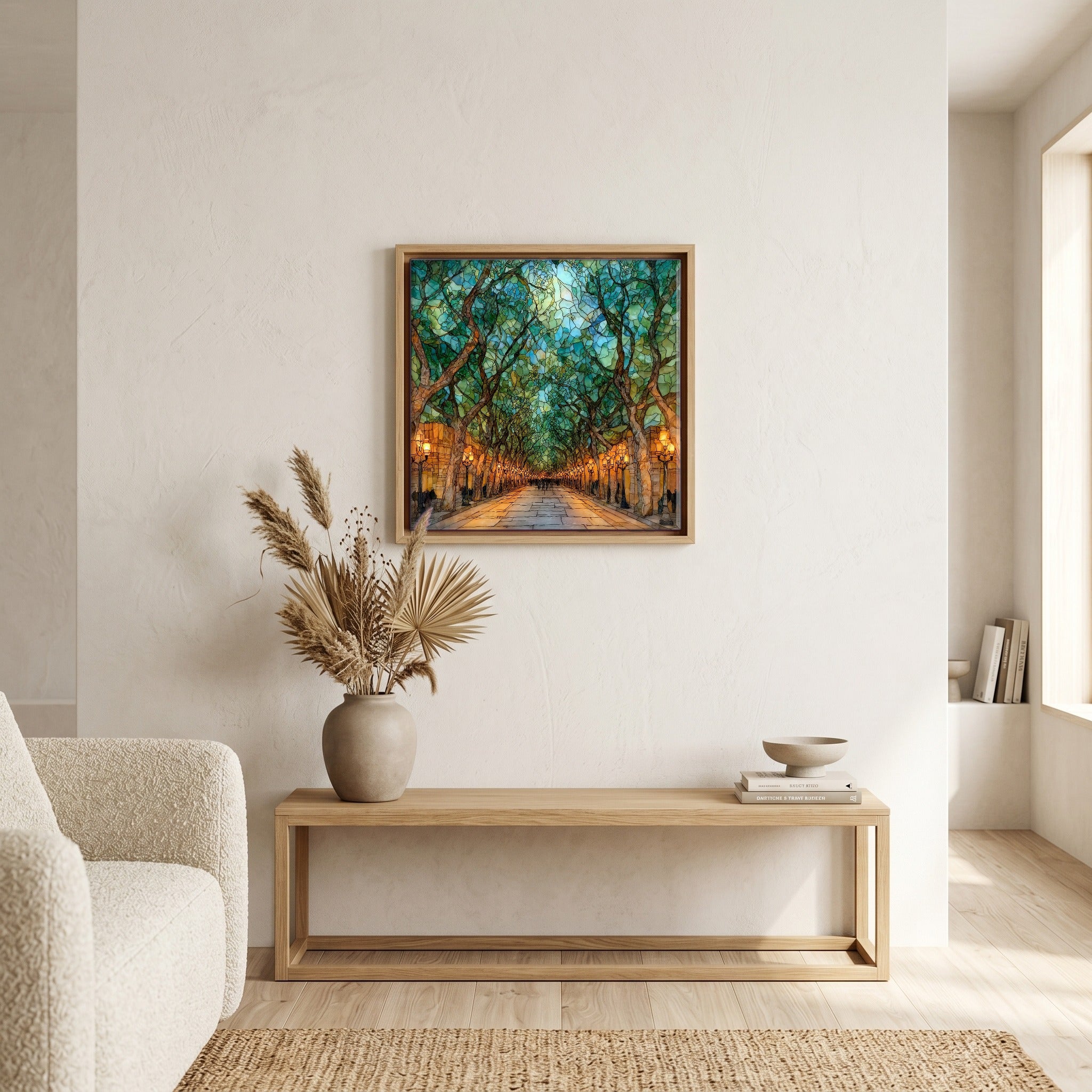 In the living room, above the sofa.