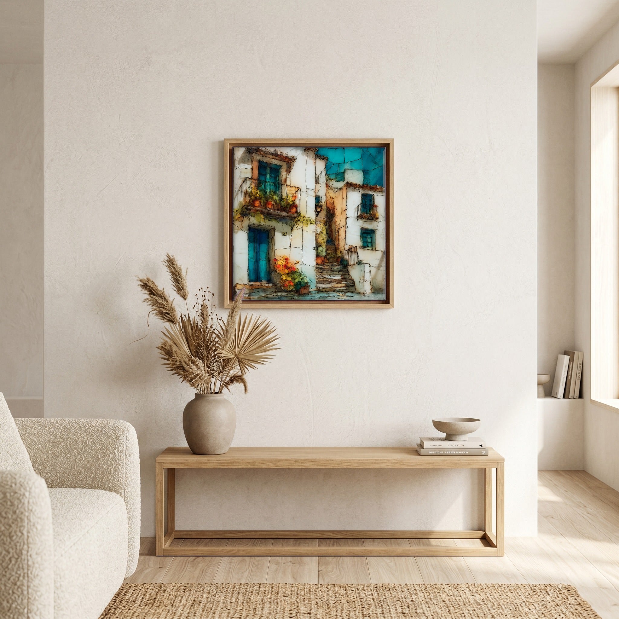 In the living room, above the sofa.