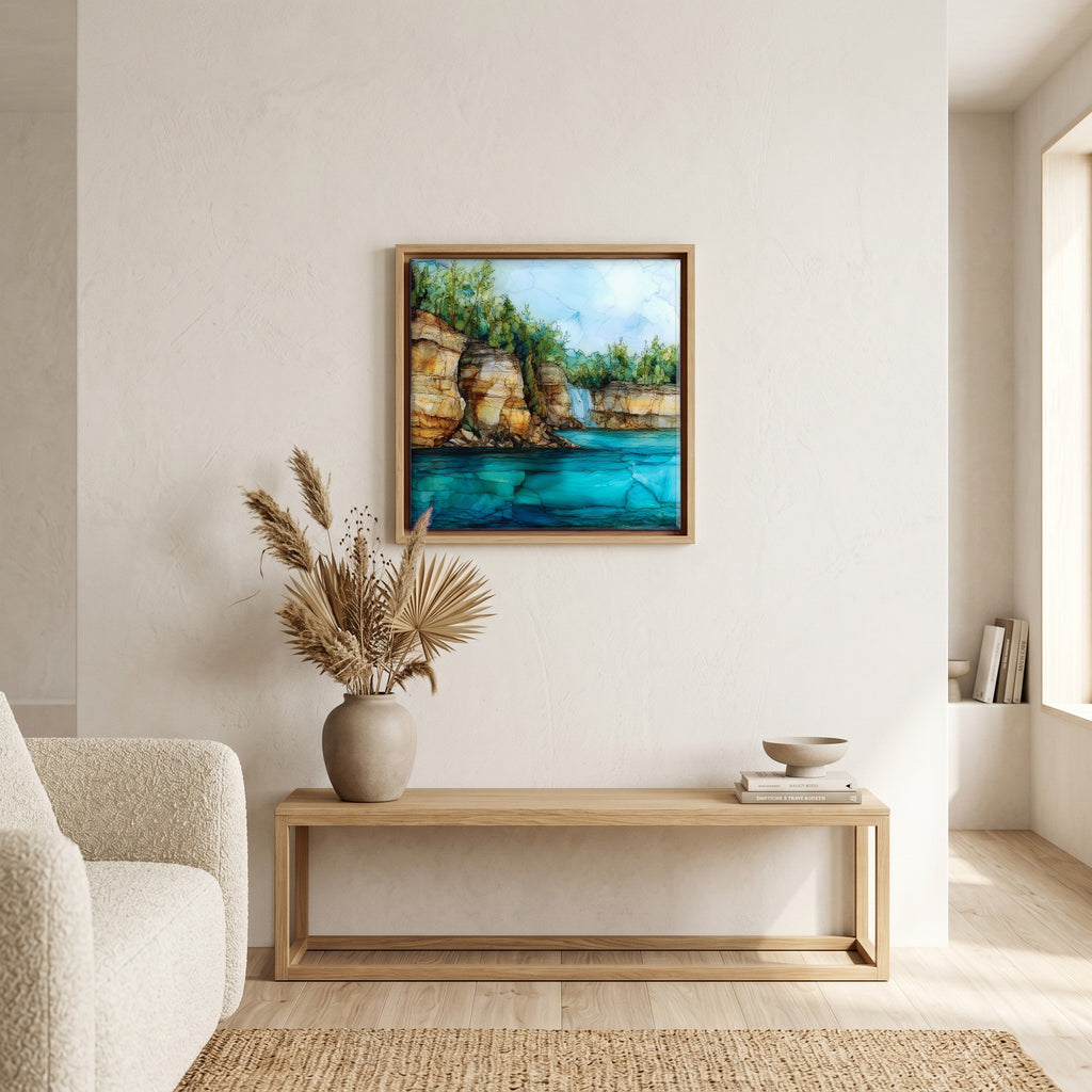 In the living room, above the sofa.