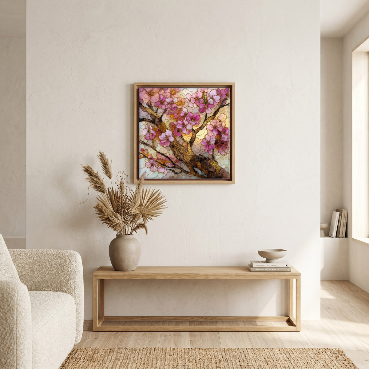 In the living room, above the sofa.