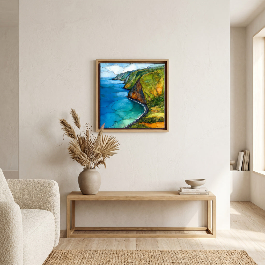 Above the bench, in a warm oak surround.