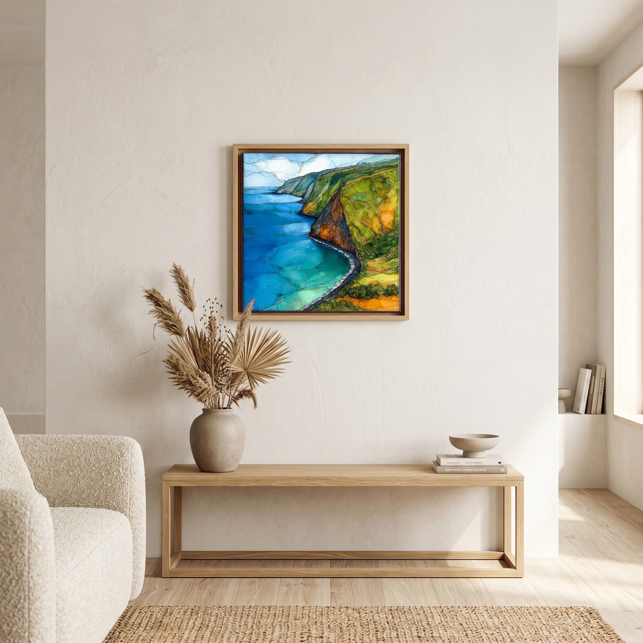 Above the bench, in a warm oak surround.