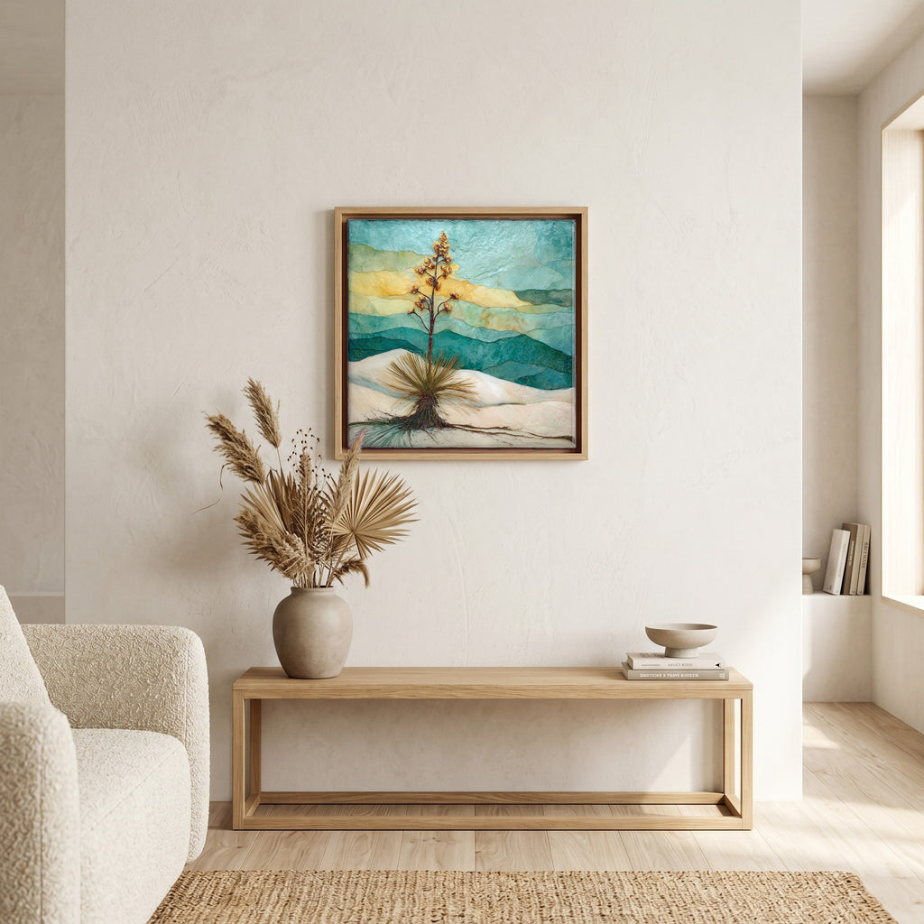 In the living room, above the sofa.
