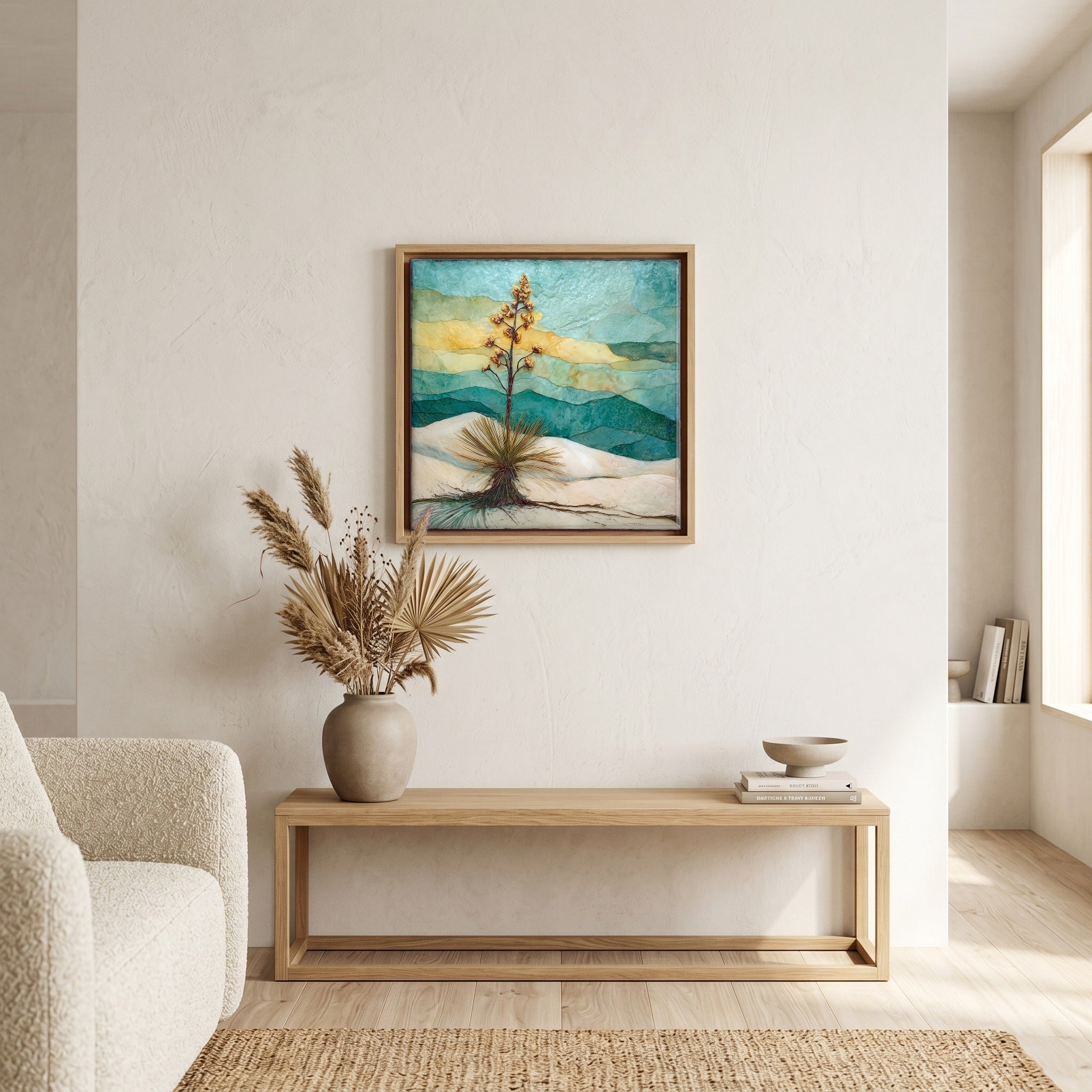 In the living room, above the sofa.