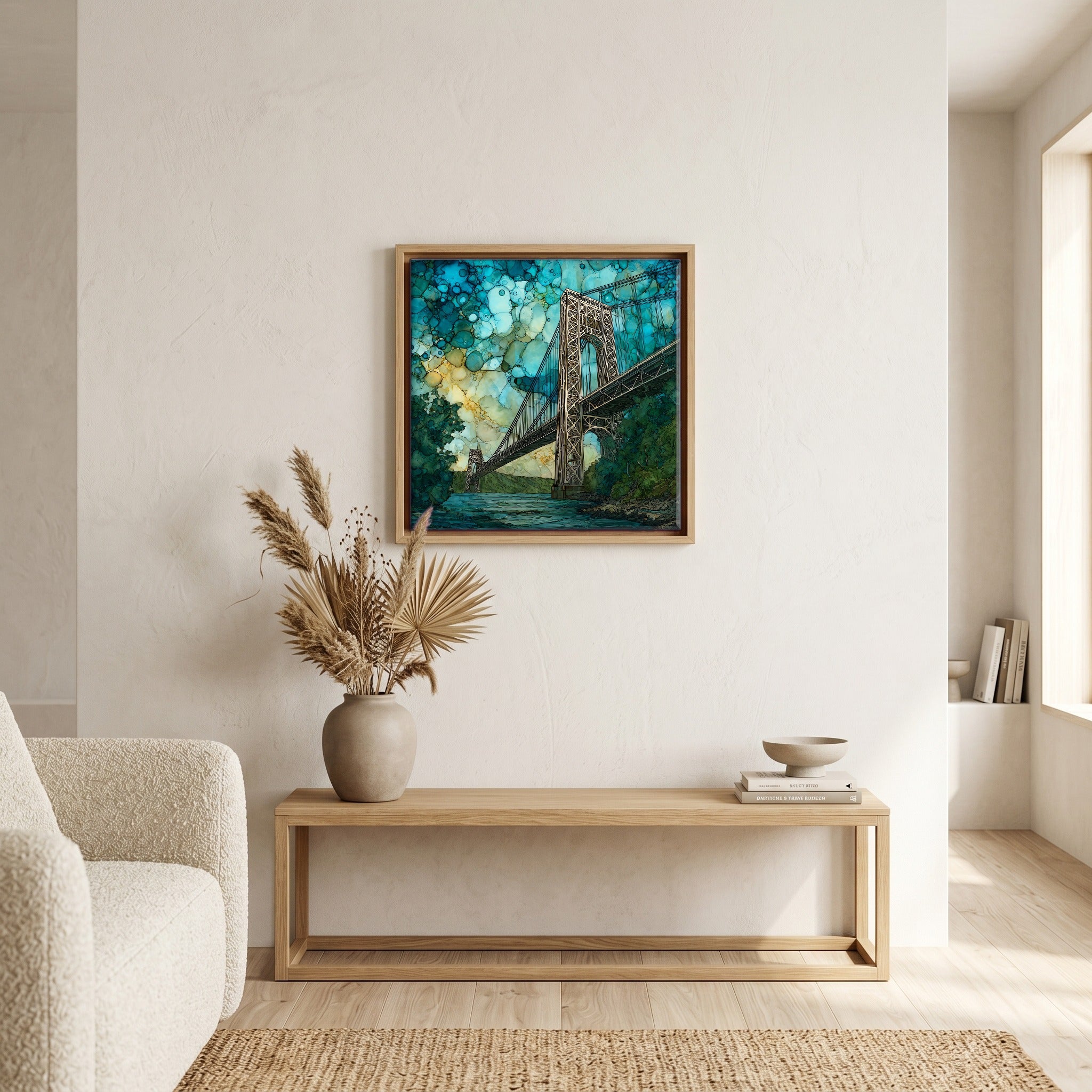 In the living room, above the sofa.