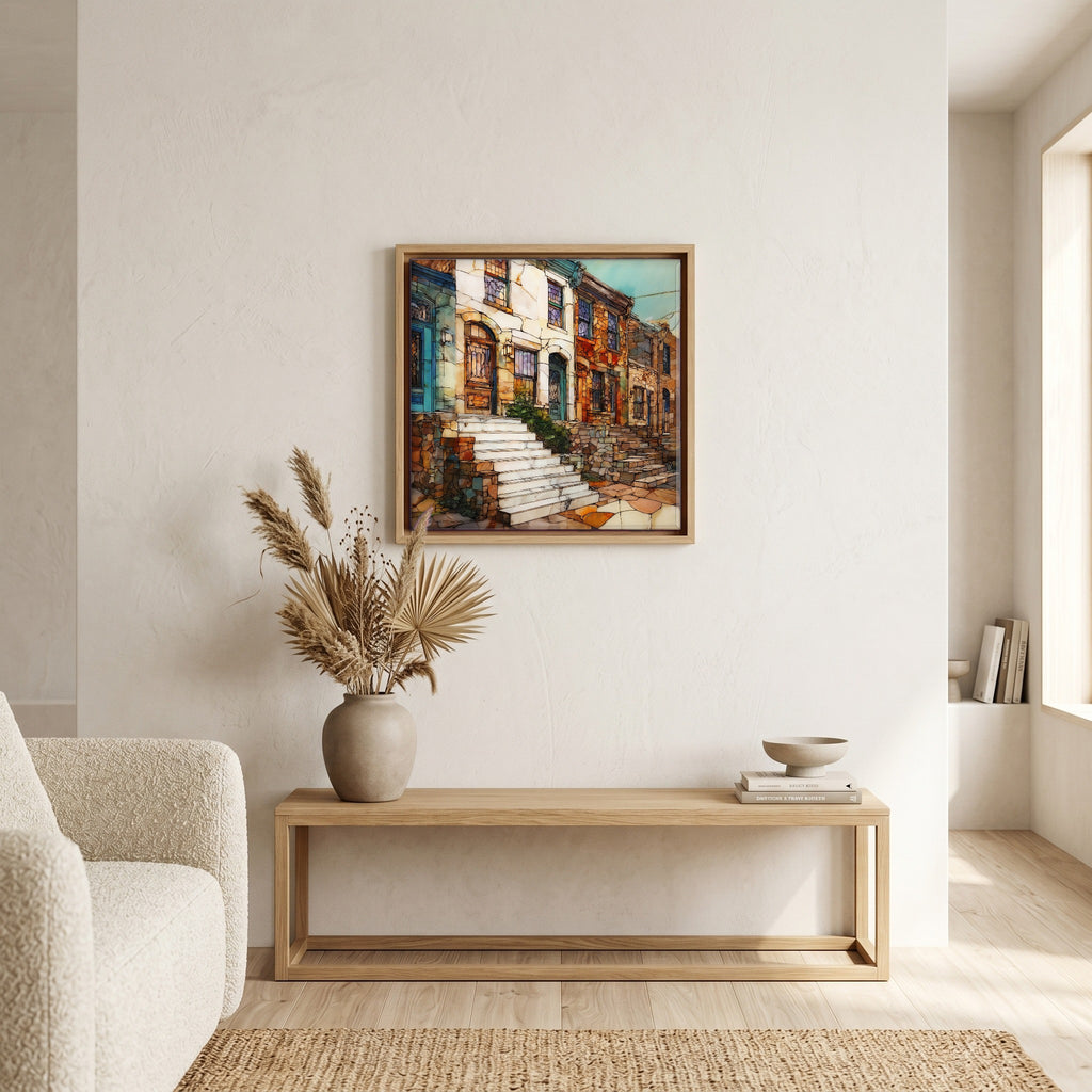 In the living room, above the sofa.