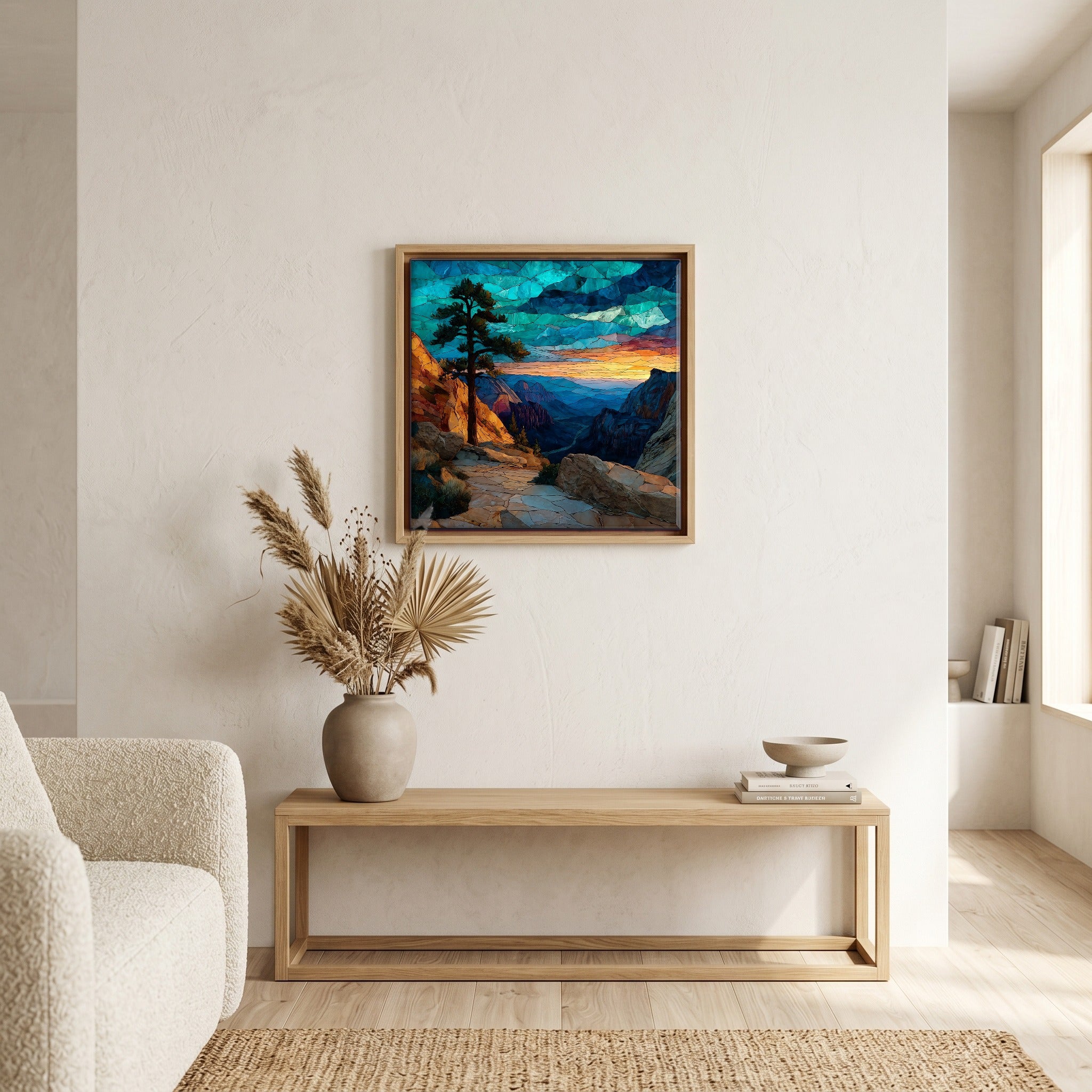 In the living room, above the sofa.
