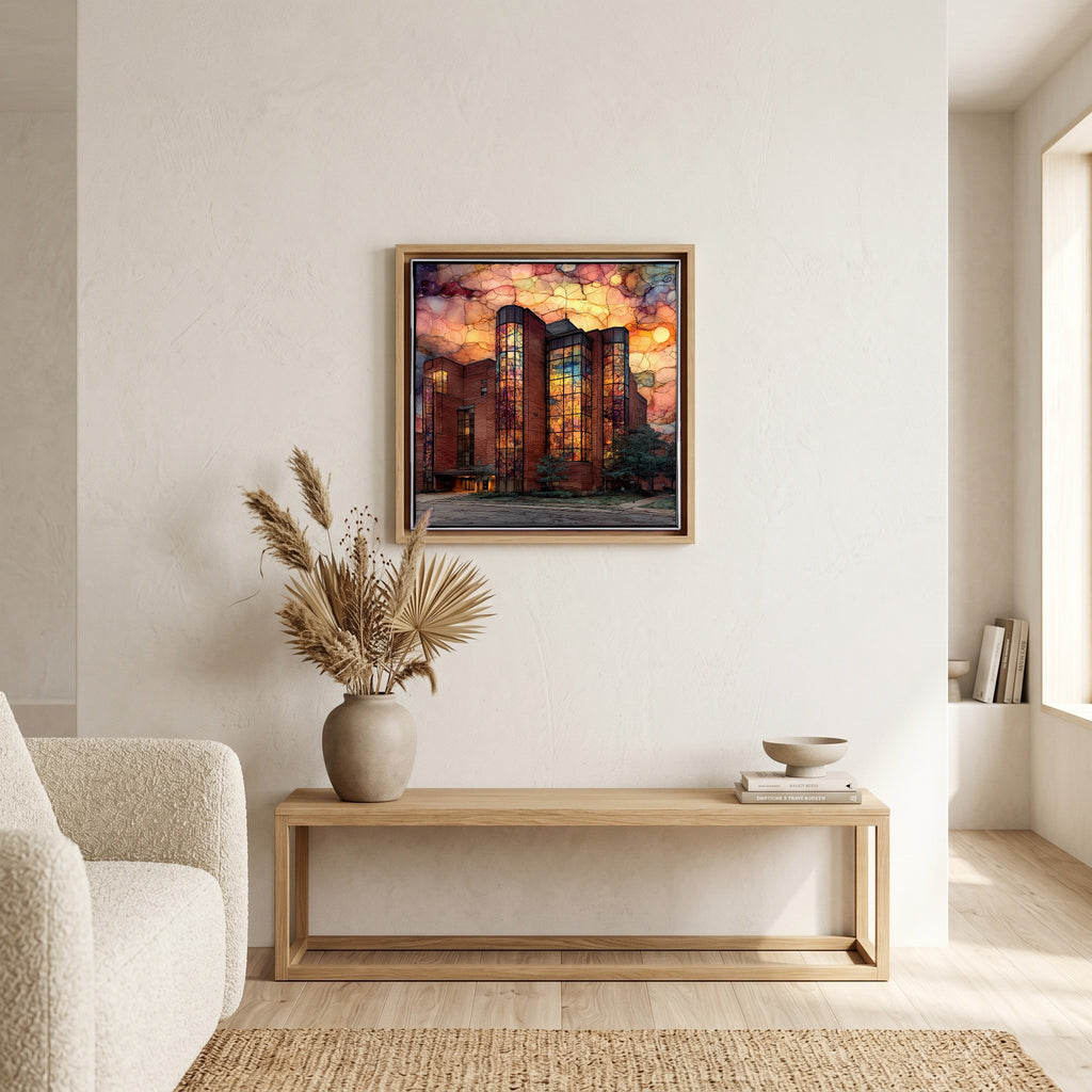 In the living room, above the sofa.