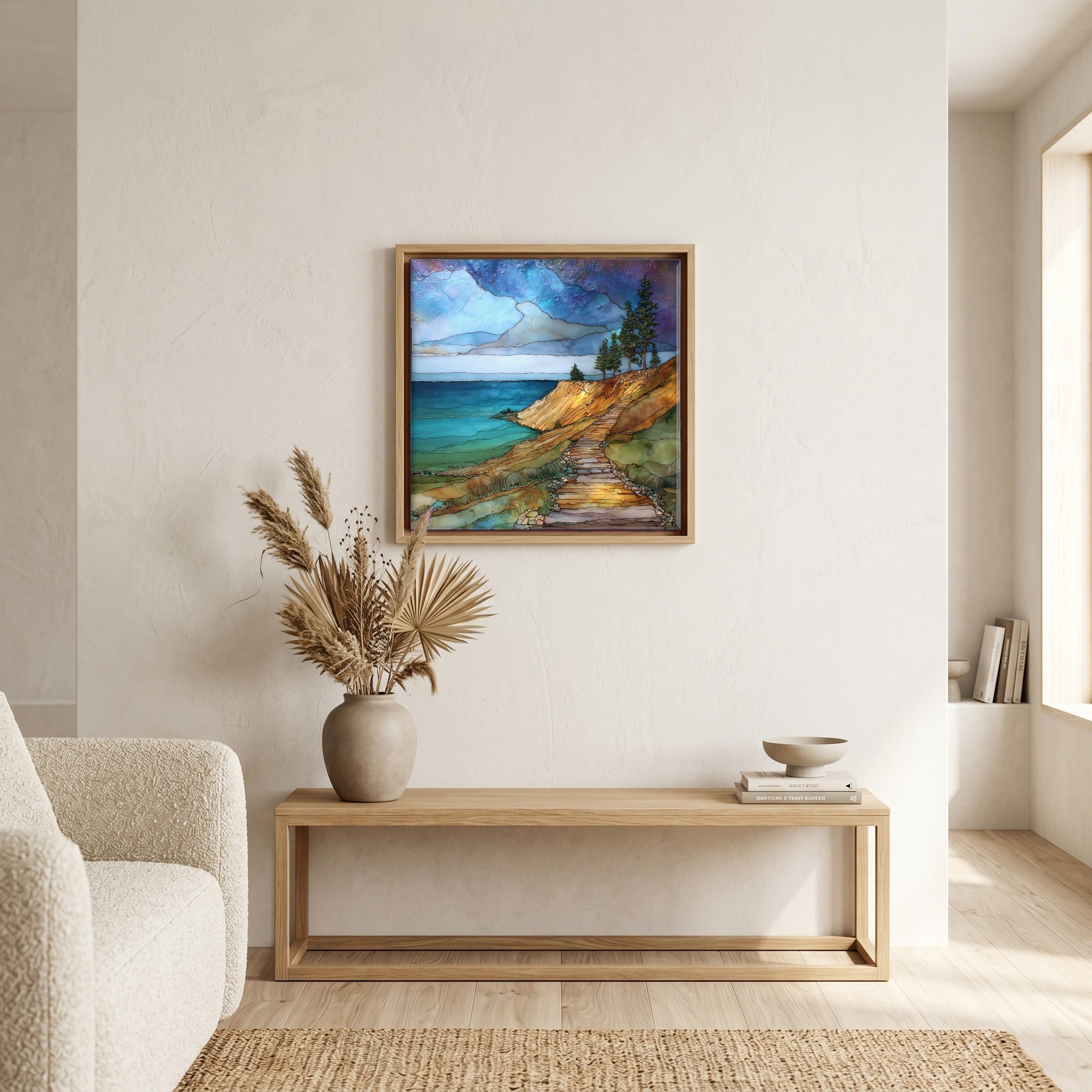 In the living room, above the sofa.