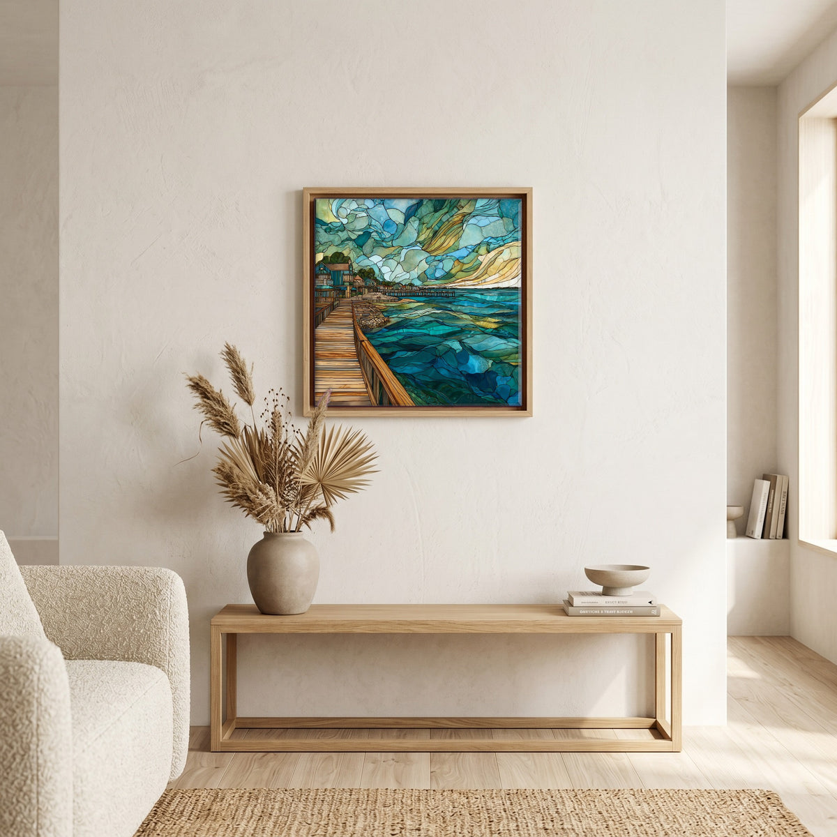 In the living room, above the sofa.