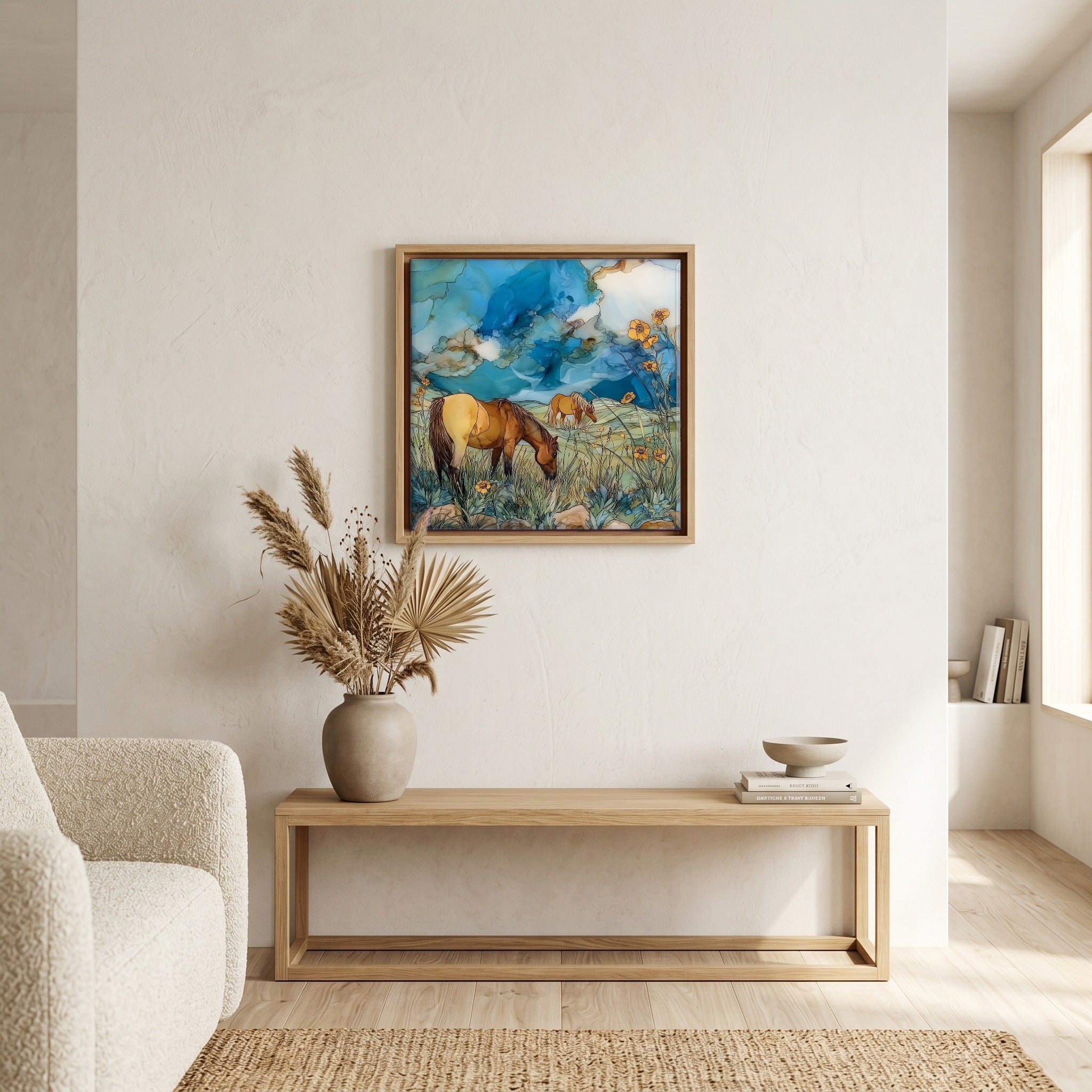 In the living room, above the sofa.